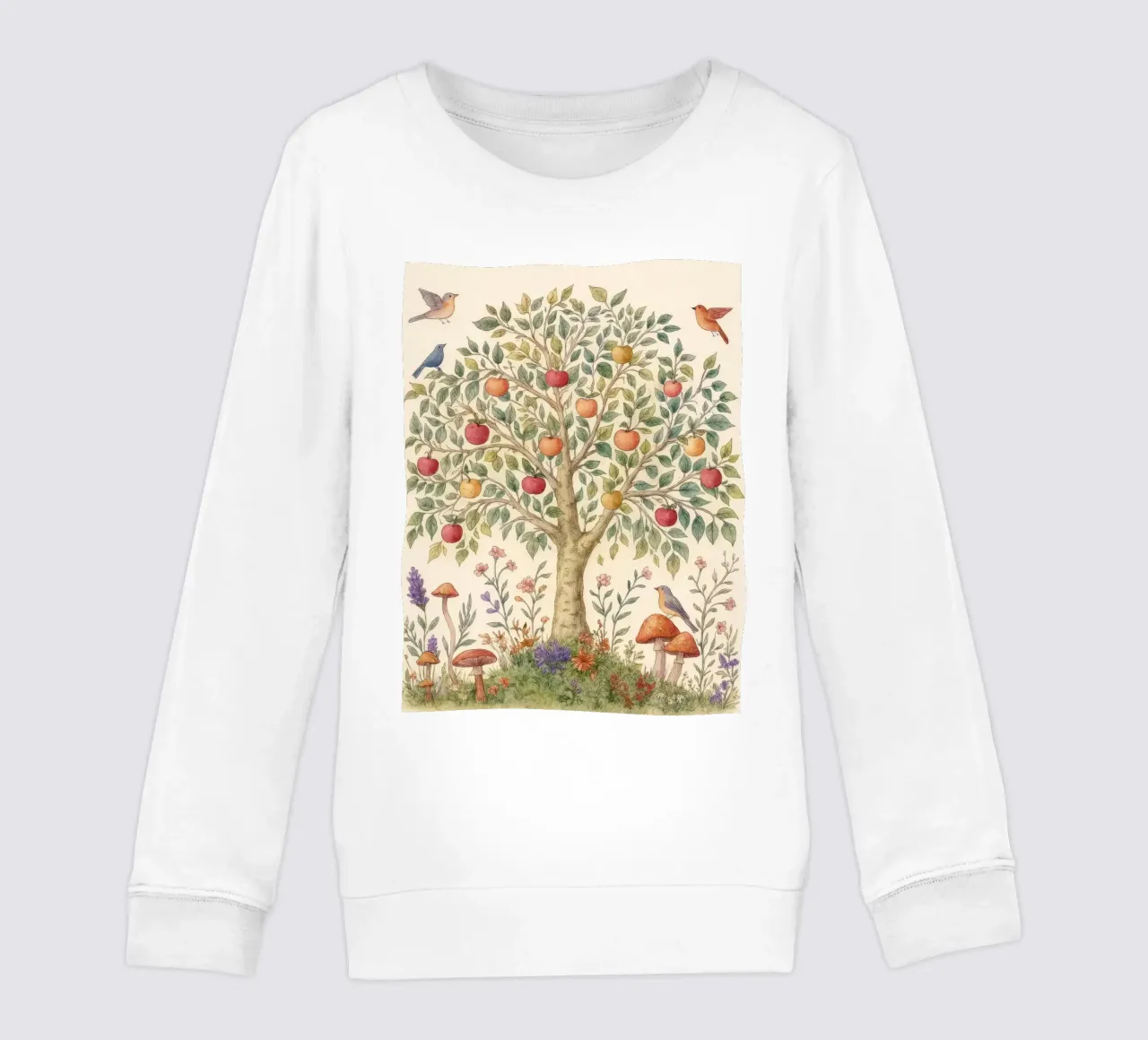 Albero di mele con uccelli e funghi Autunno botanico vintage felpa bambino da Gentle Echoes Art