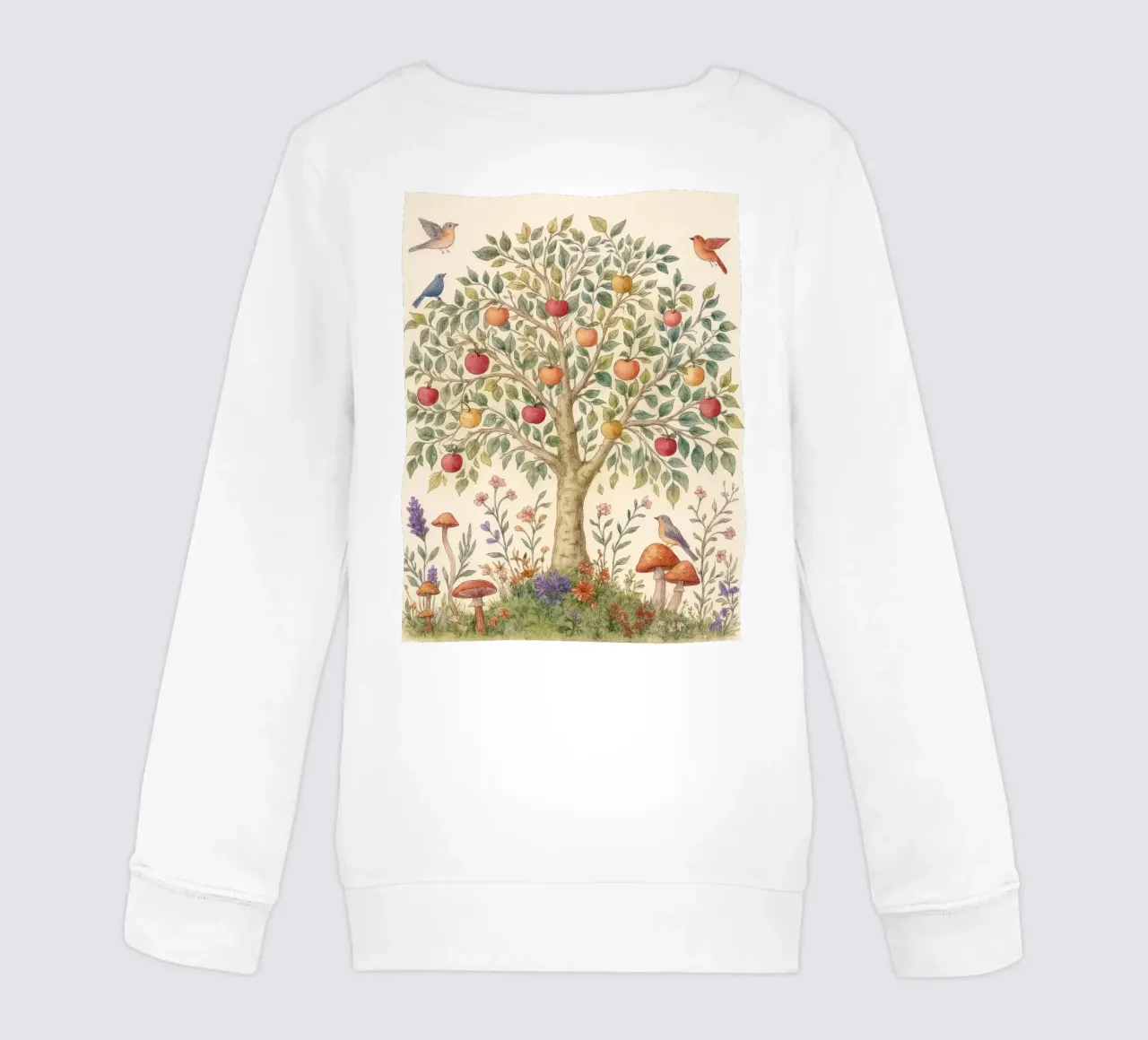 Albero di mele con uccelli e funghi Autunno botanico vintage felpa bambino da Gentle Echoes Art