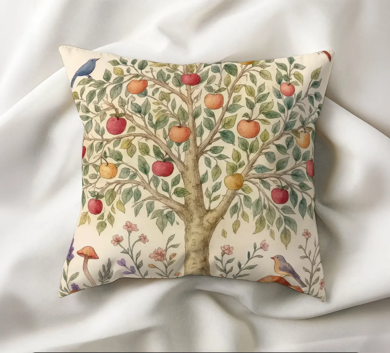 Albero di mele con uccelli e funghi Autunno botanico vintage cuscino da Gentle Echoes Art