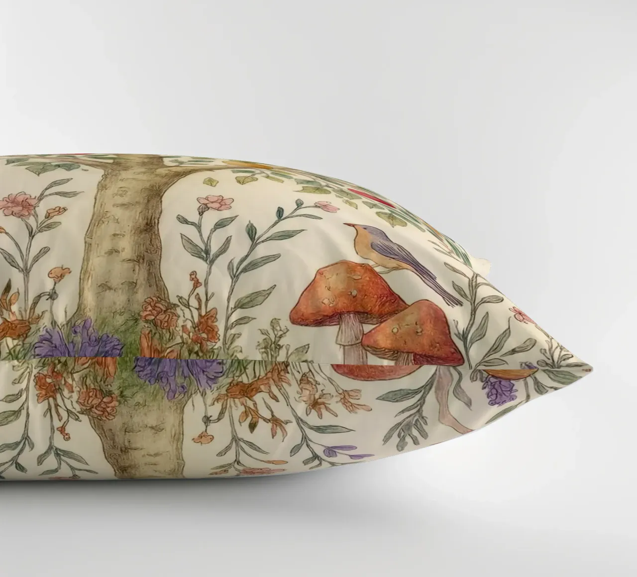 Albero di mele con uccelli e funghi Autunno botanico vintage cuscino da Gentle Echoes Art