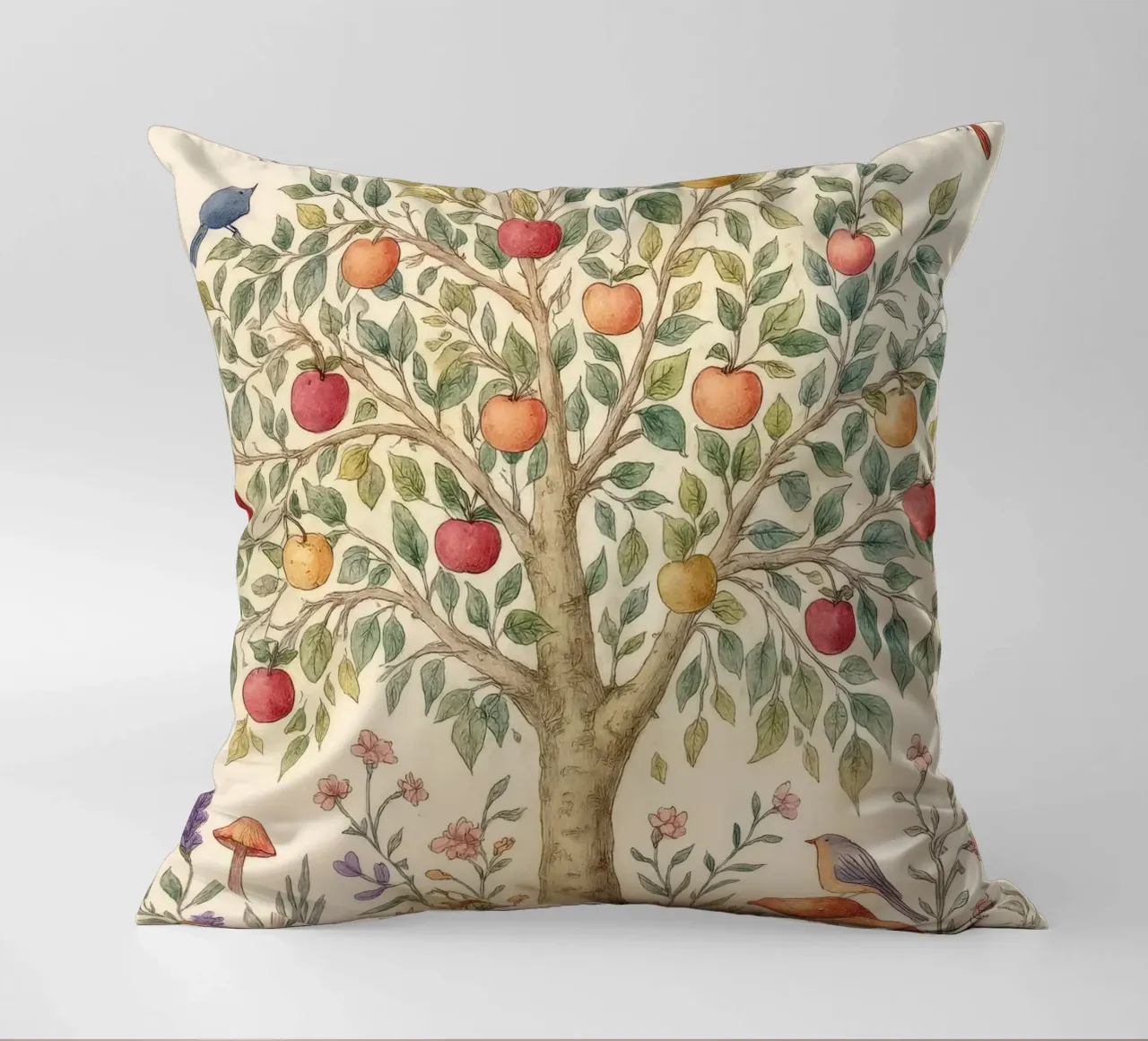 Albero di mele con uccelli e funghi Autunno botanico vintage cuscino da Gentle Echoes Art