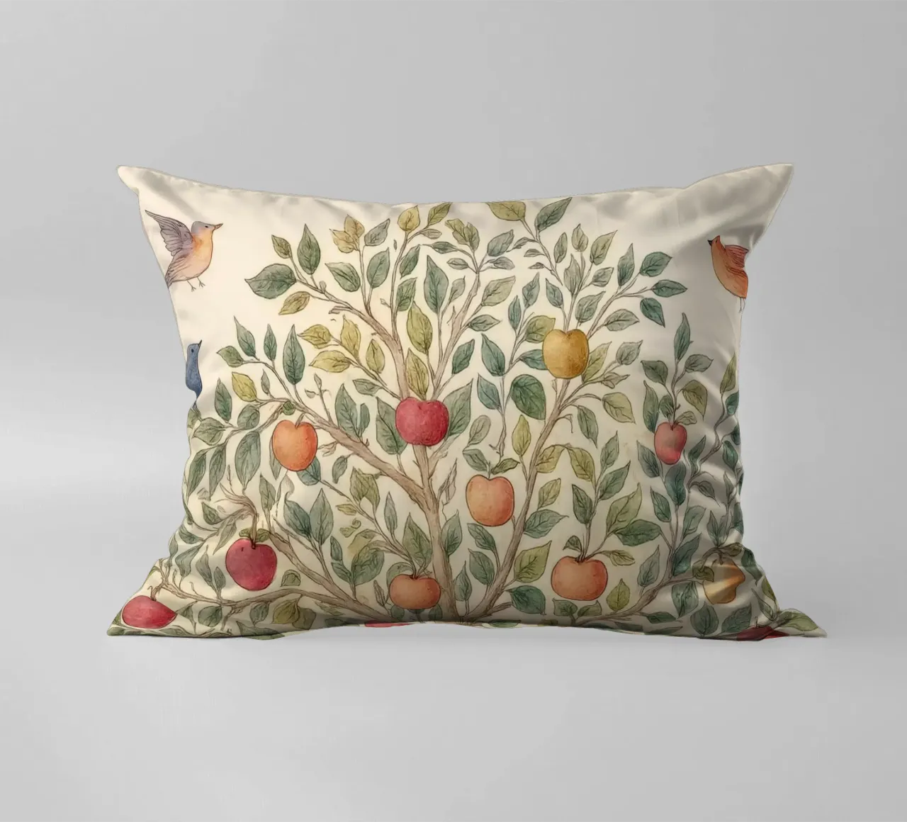 Albero di mele con uccelli e funghi Autunno botanico vintage cuscino da Gentle Echoes Art