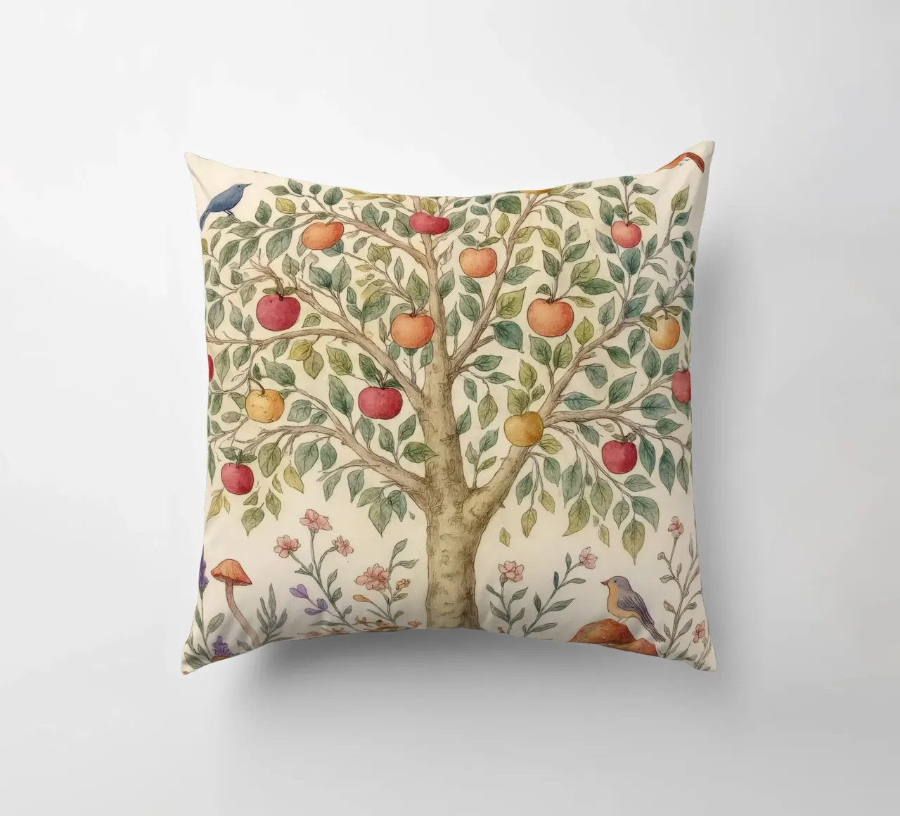 Albero di mele con uccelli e funghi Autunno botanico vintage cuscino da Gentle Echoes Art