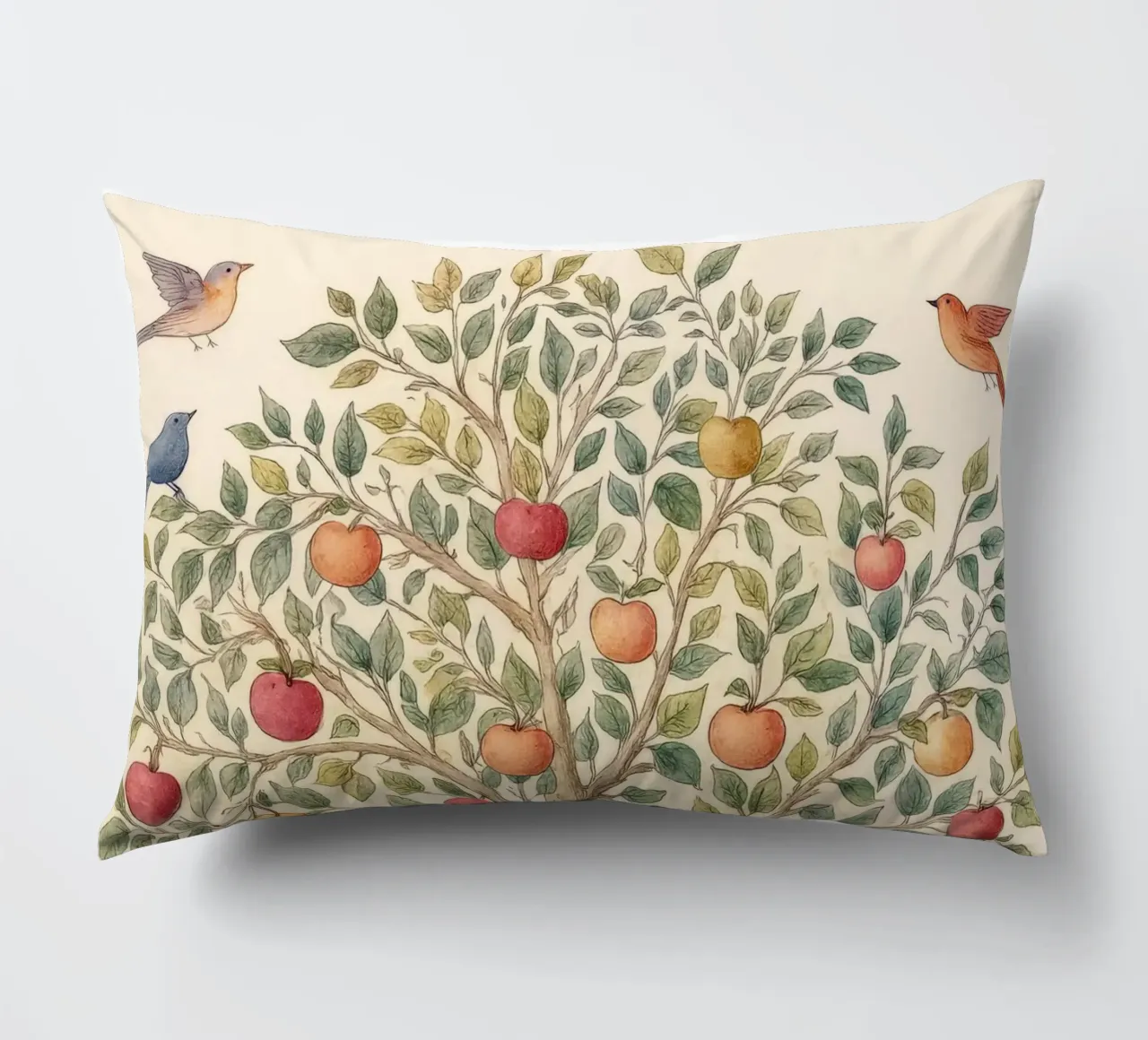 Albero di mele con uccelli e funghi Autunno botanico vintage cuscino da Gentle Echoes Art