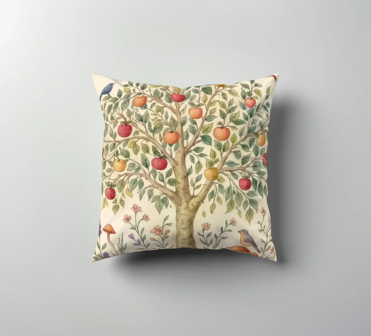 Albero di mele con uccelli e funghi Autunno botanico vintage cuscino da Gentle Echoes Art