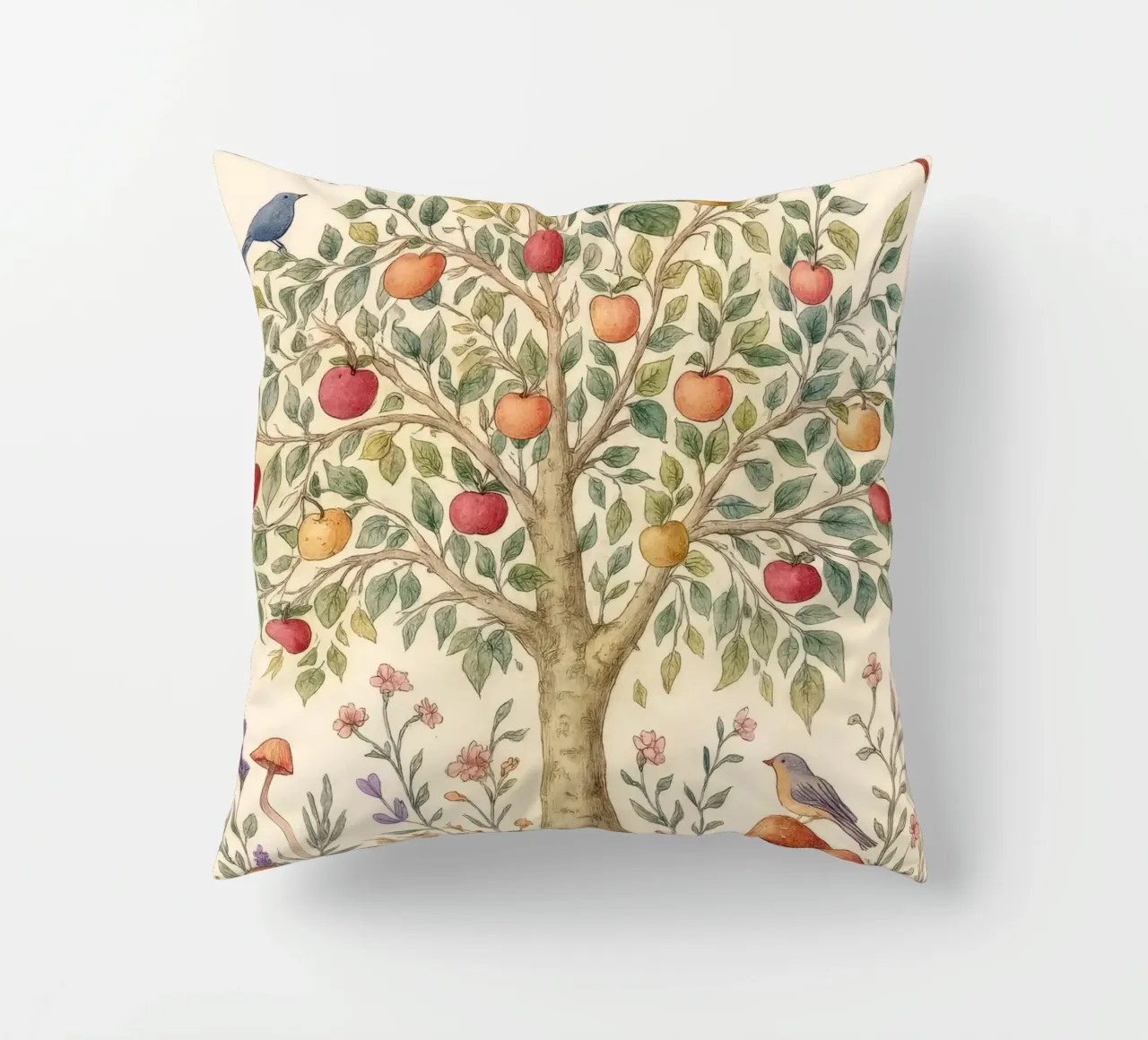 Albero di mele con uccelli e funghi Autunno botanico vintage cuscino da Gentle Echoes Art