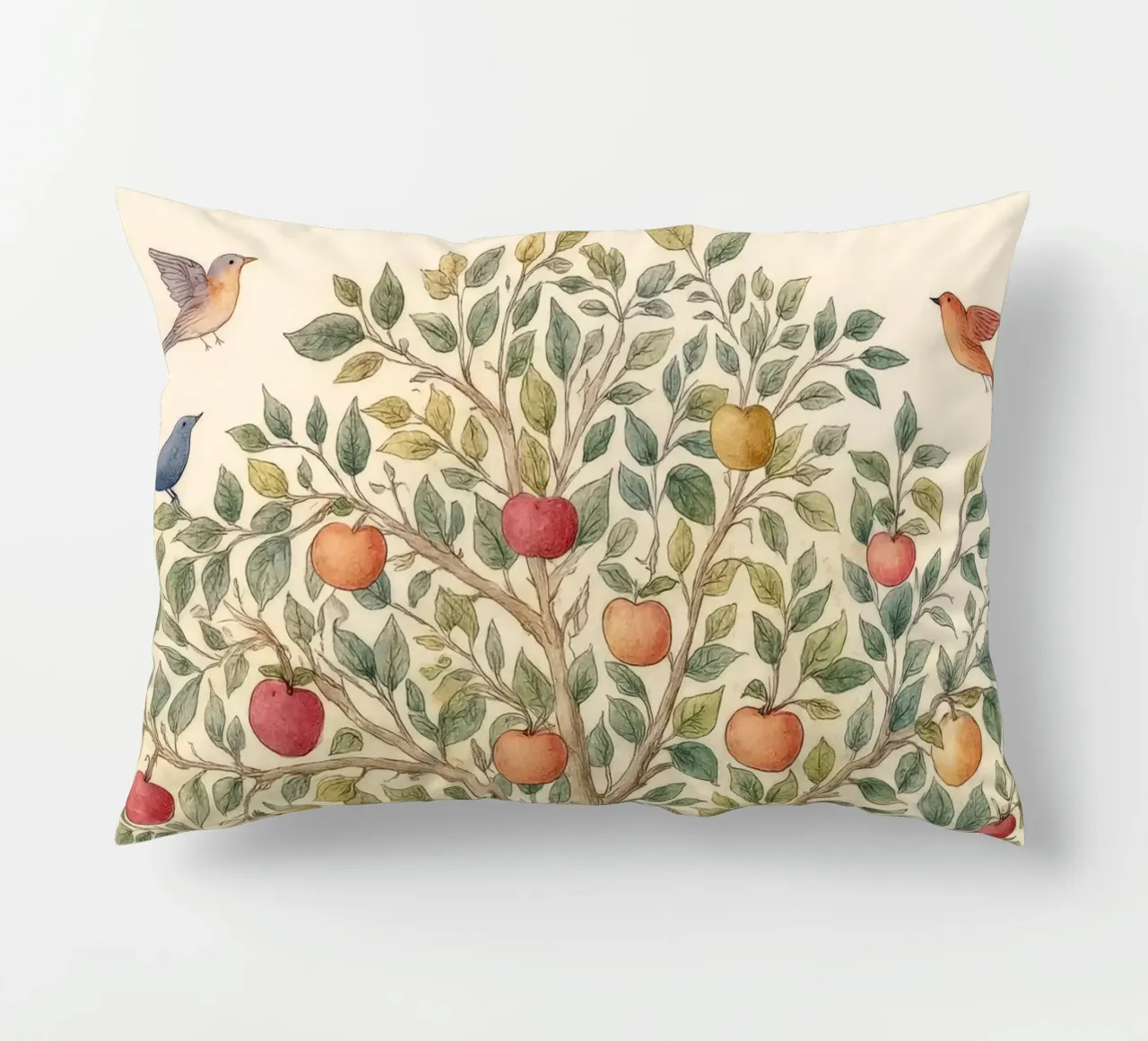 Albero di mele con uccelli e funghi Autunno botanico vintage cuscino da Gentle Echoes Art