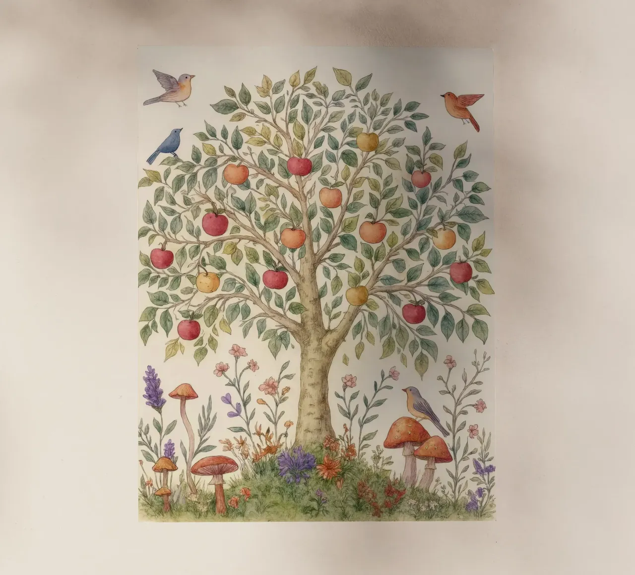 Albero di mele con uccelli e funghi Autunno botanico vintage pellicola backlit da Gentle Echoes Art