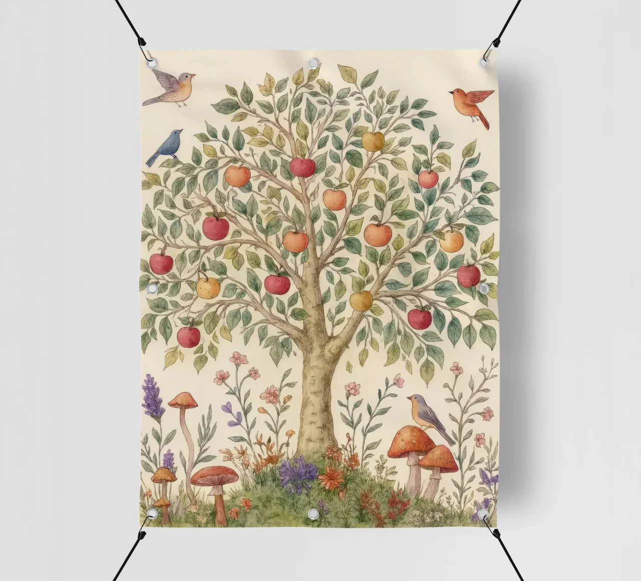 Albero di mele con uccelli e funghi Autunno botanico vintage telo in pvc da Gentle Echoes Art