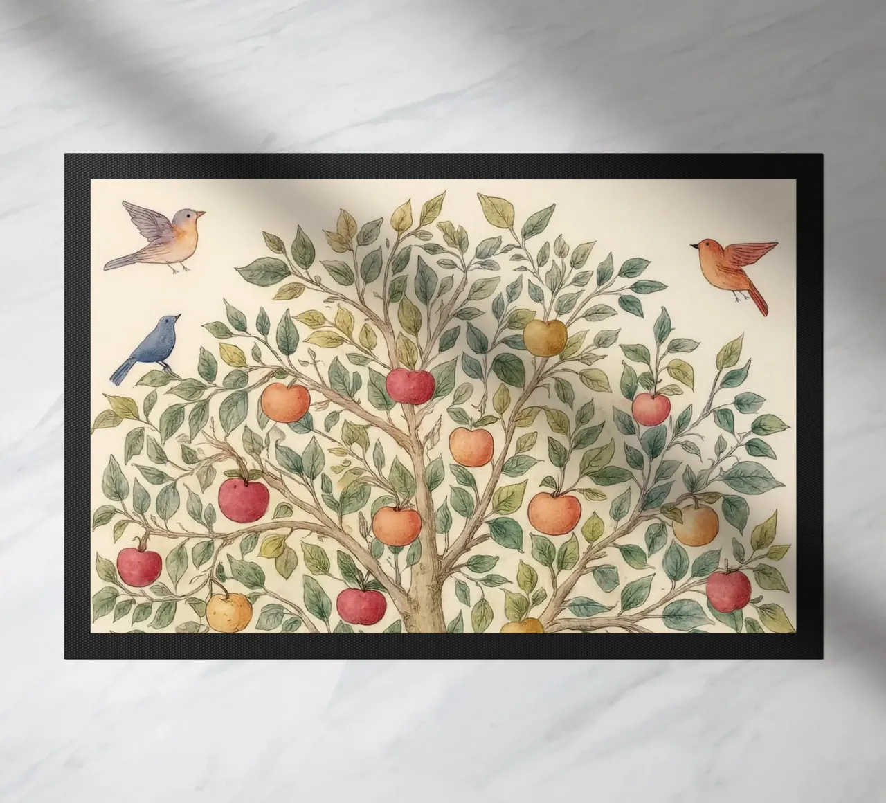 Albero di mele con uccelli e funghi Autunno botanico vintage zerbino da Gentle Echoes Art