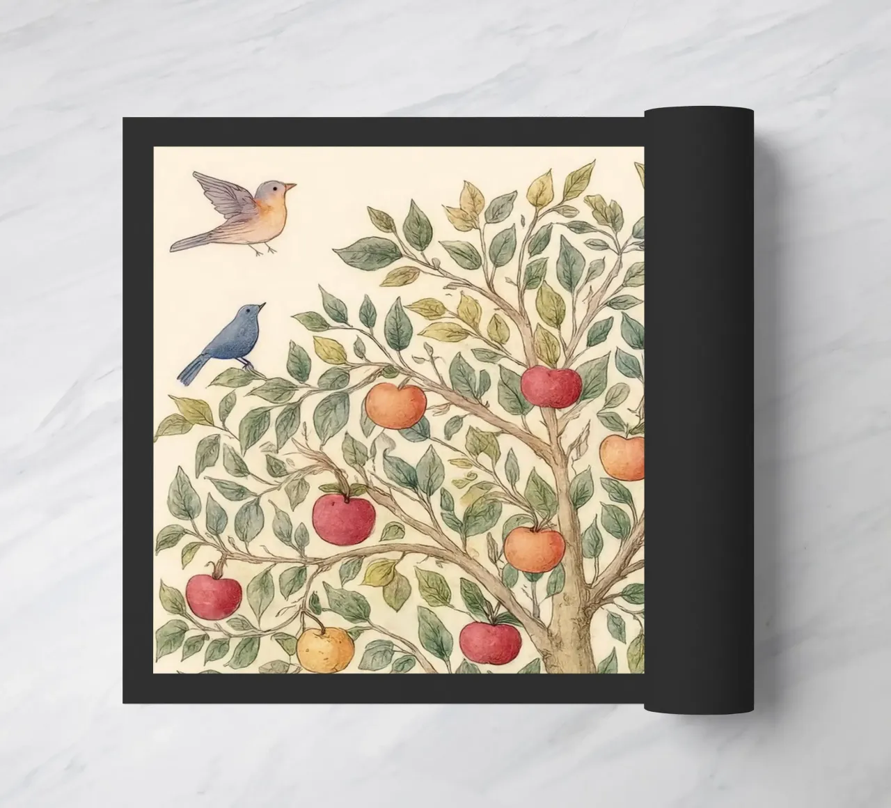 Albero di mele con uccelli e funghi Autunno botanico vintage zerbino da Gentle Echoes Art