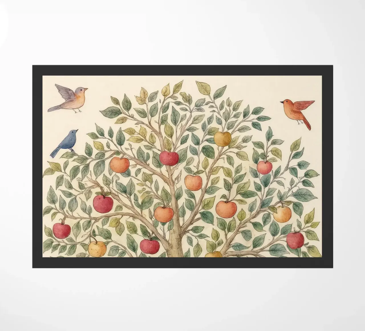Albero di mele con uccelli e funghi Autunno botanico vintage zerbino da Gentle Echoes Art