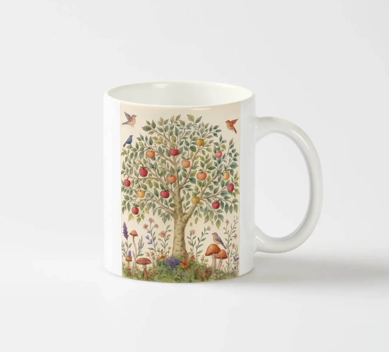 Albero di mele con uccelli e funghi Autunno botanico vintage tazza in ceramica da Gentle Echoes Art