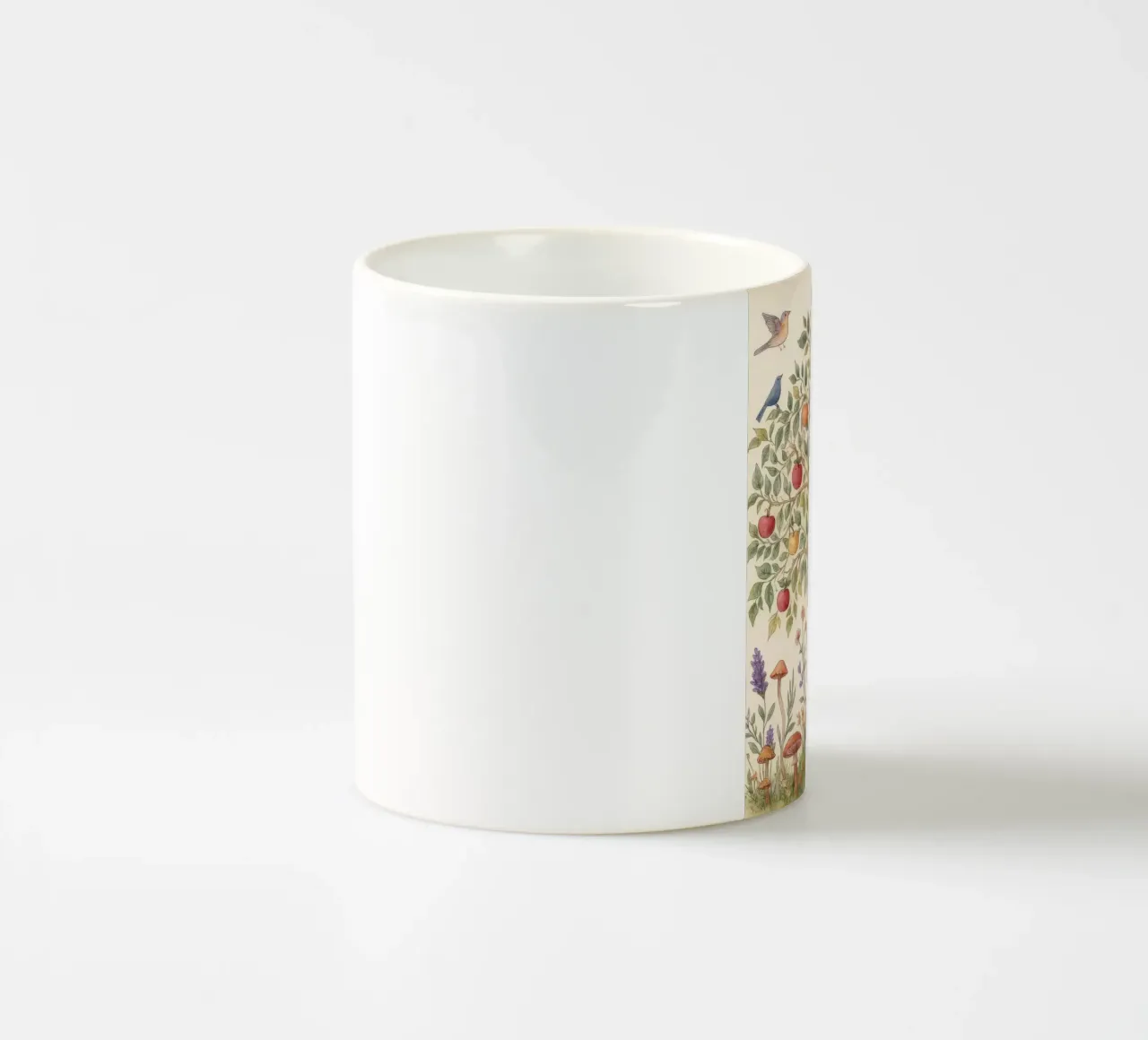Albero di mele con uccelli e funghi Autunno botanico vintage tazza in ceramica da Gentle Echoes Art
