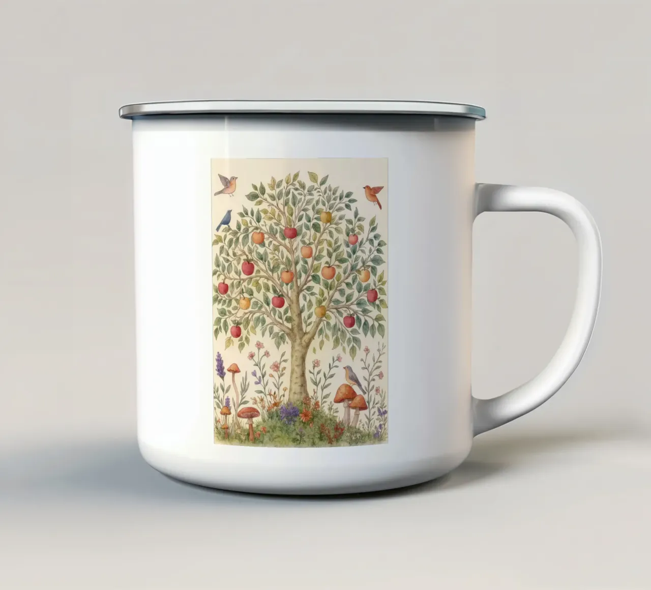 Albero di mele con uccelli e funghi Autunno botanico vintage tazza in smalto da Gentle Echoes Art