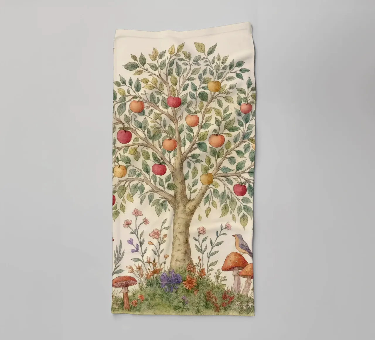 Albero di mele con uccelli e funghi Autunno botanico vintage asciugamano da bagno da Gentle Echoes Art
