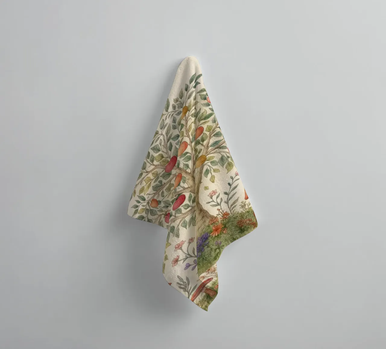 Albero di mele con uccelli e funghi Autunno botanico vintage asciugamano da bagno da Gentle Echoes Art