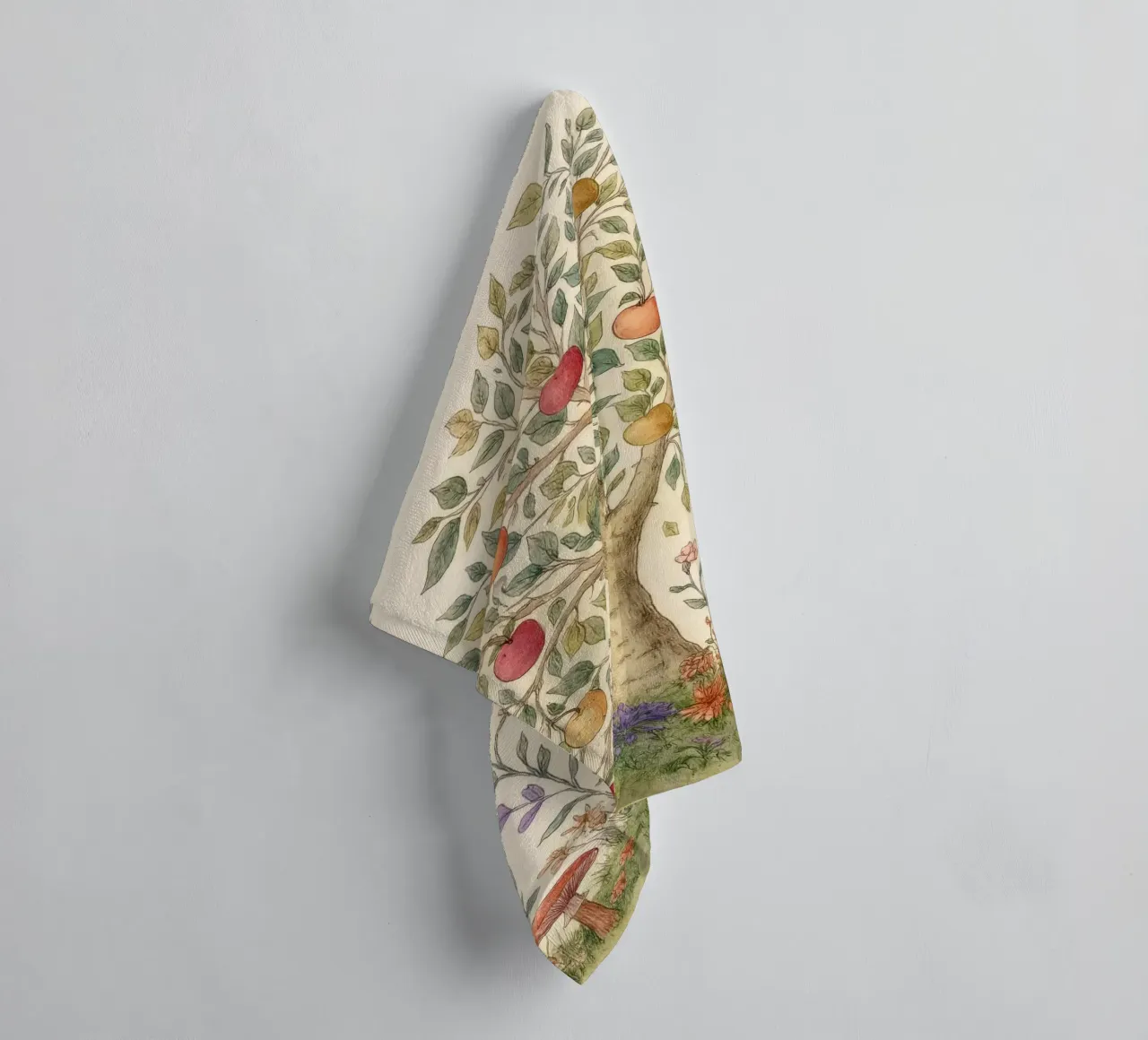 Albero di mele con uccelli e funghi Autunno botanico vintage asciugamano da bagno da Gentle Echoes Art