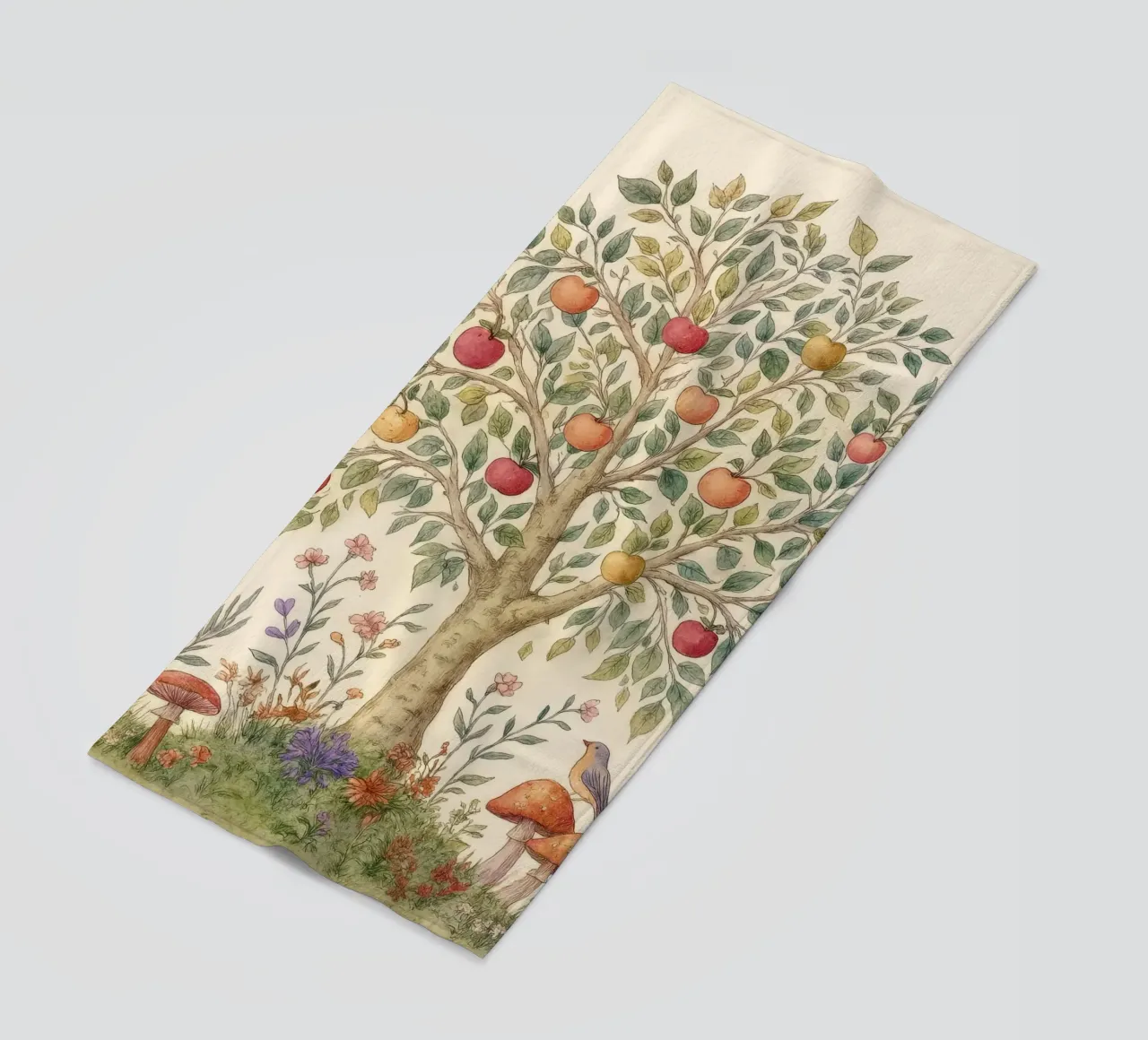 Albero di mele con uccelli e funghi Autunno botanico vintage telo mare da Gentle Echoes Art