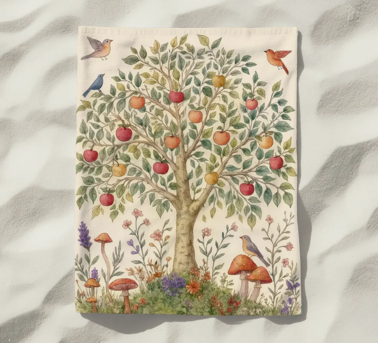 Albero di mele con uccelli e funghi Autunno botanico vintage telo mare da Gentle Echoes Art