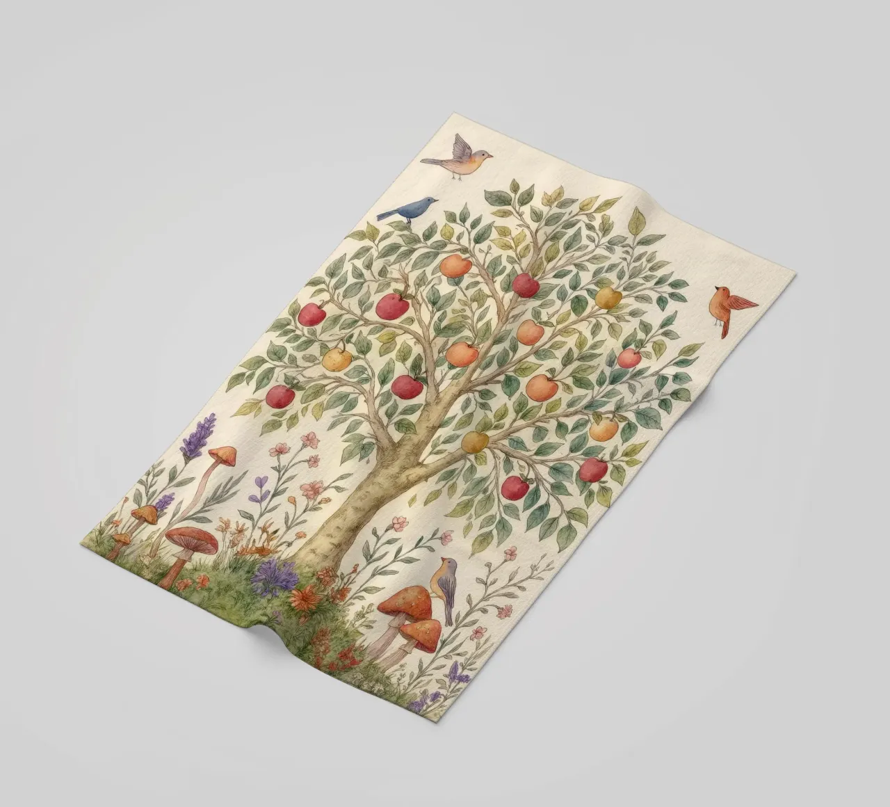 Albero di mele con uccelli e funghi Autunno botanico vintage telo mare da Gentle Echoes Art