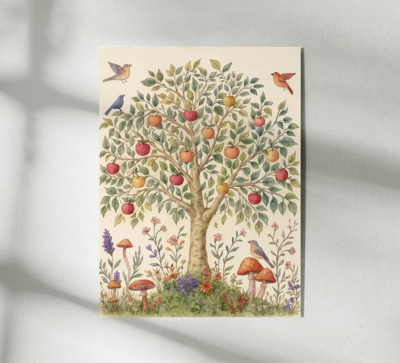 Albero di mele con uccelli e funghi Autunno botanico vintage plexiglass da Gentle Echoes Art
