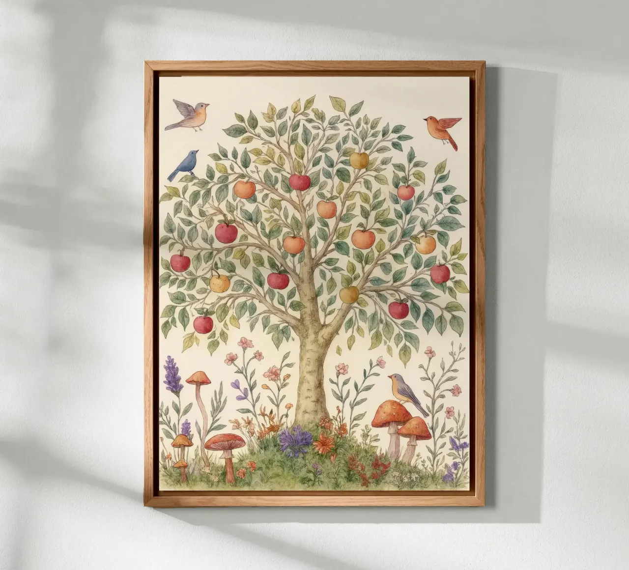 Albero di mele con uccelli e funghi Autunno botanico vintage alluminio dibond da Gentle Echoes Art