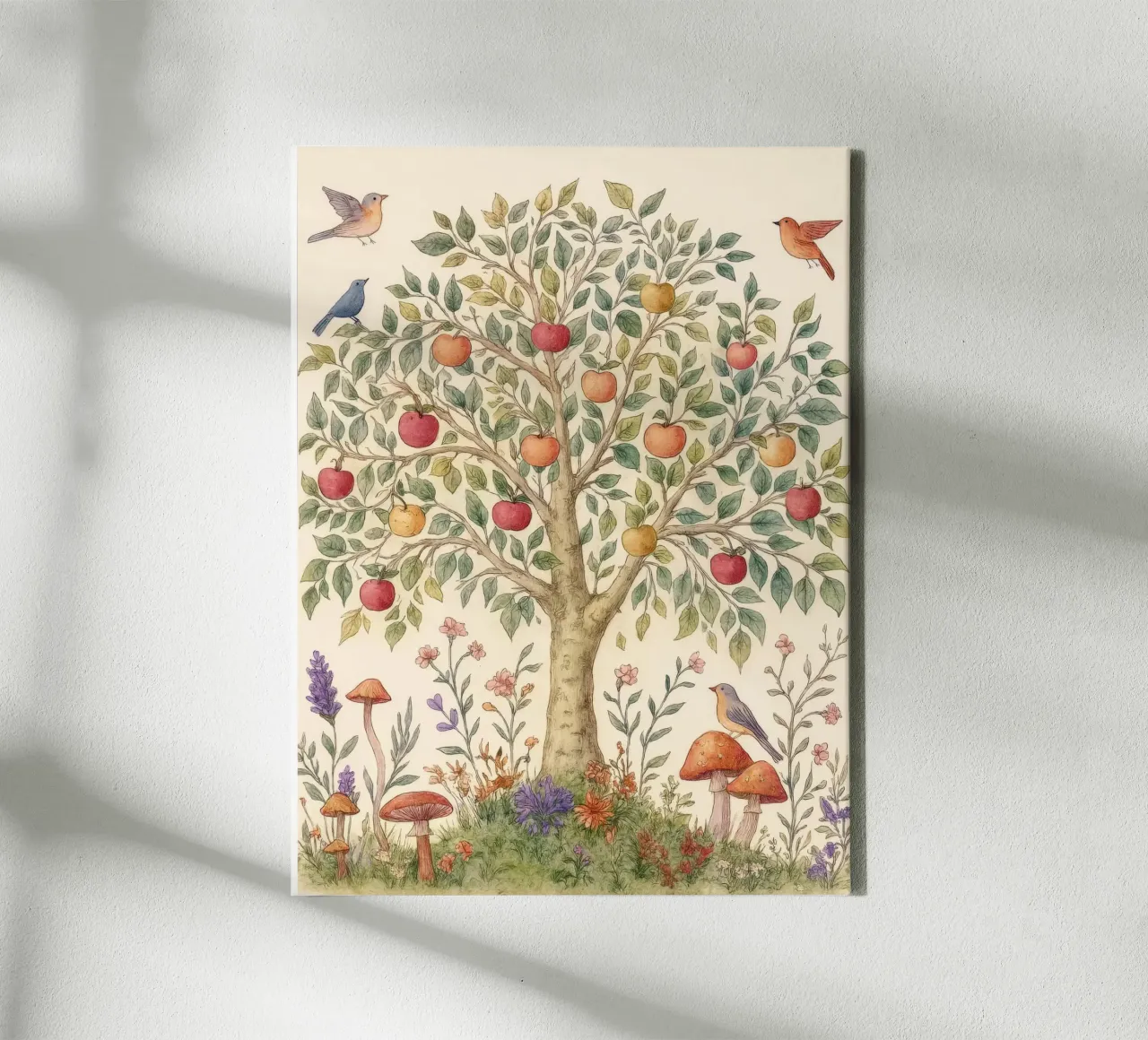 Albero di mele con uccelli e funghi Autunno botanico vintage tela con Cornice a cassetta da Gentle Echoes Art