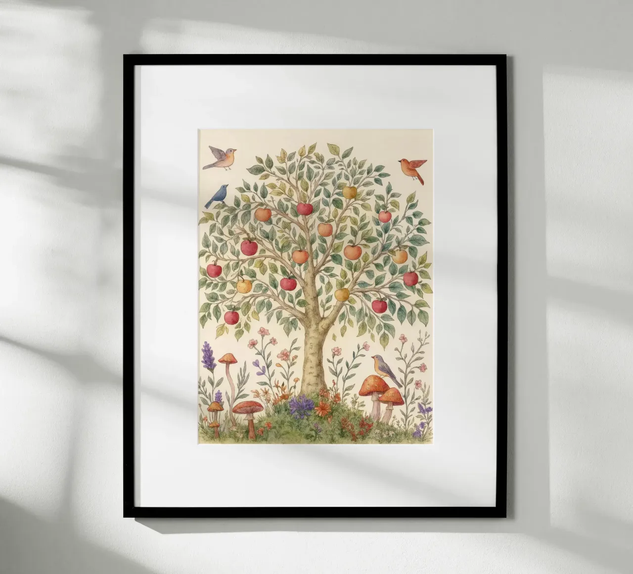 Albero di mele con uccelli e funghi Autunno botanico vintage poster con telaio in legno da Gentle Echoes Art