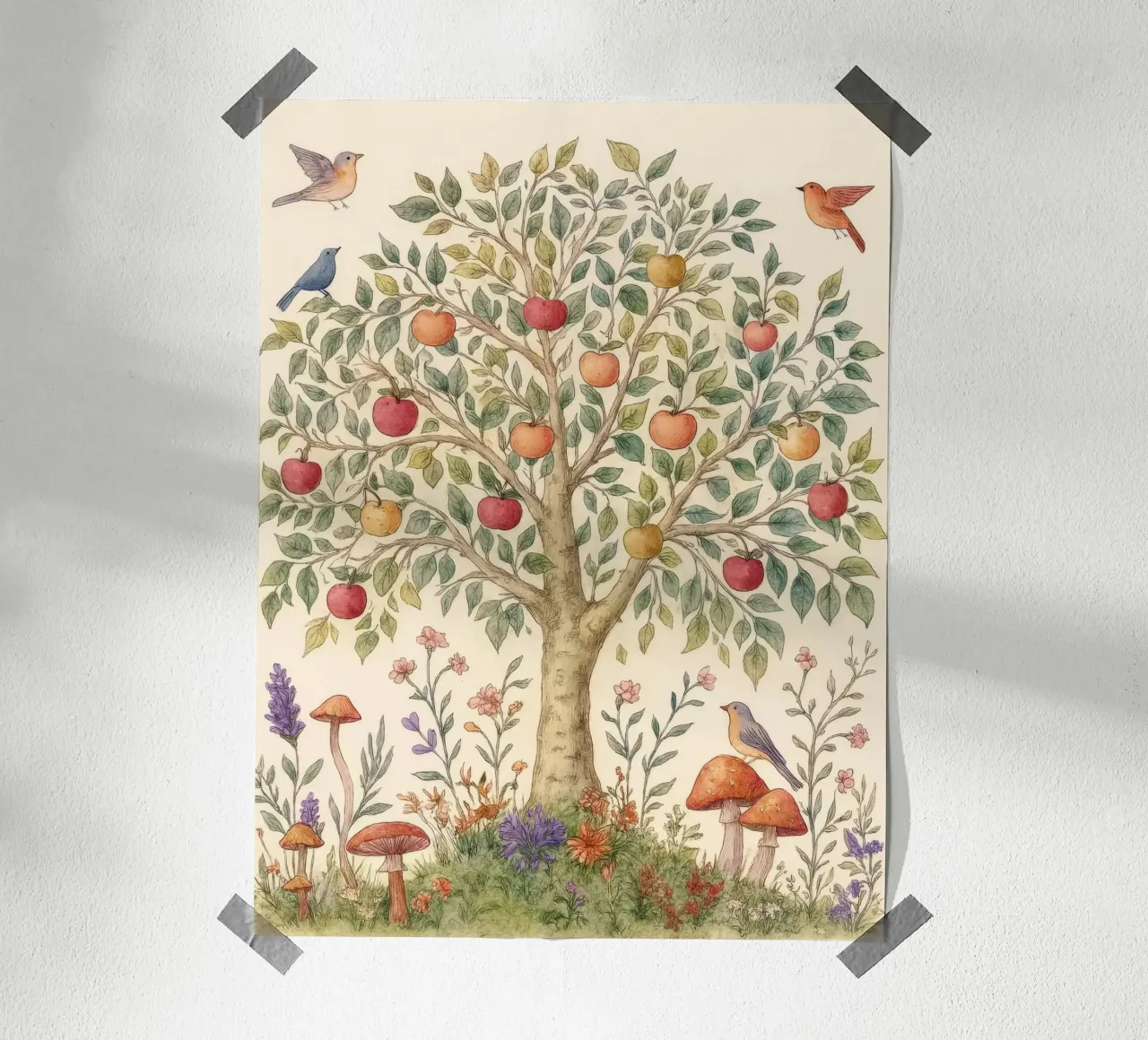 Albero di mele con uccelli e funghi Autunno botanico vintage poster con telaio in legno da Gentle Echoes Art