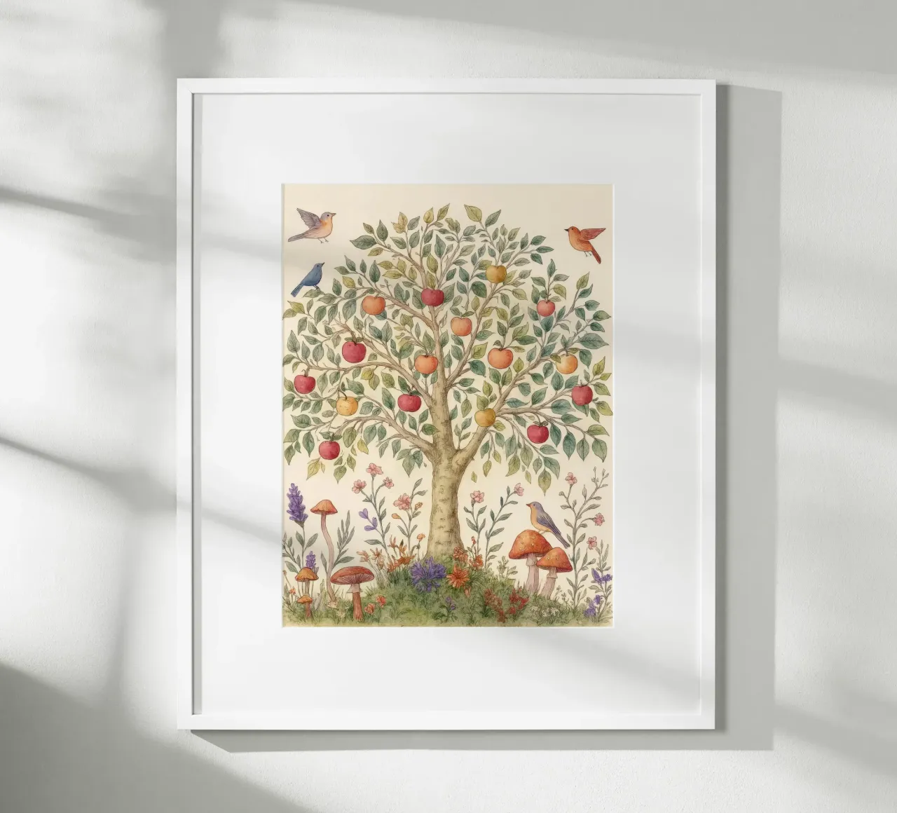 Albero di mele con uccelli e funghi Autunno botanico vintage poster con telaio in legno da Gentle Echoes Art