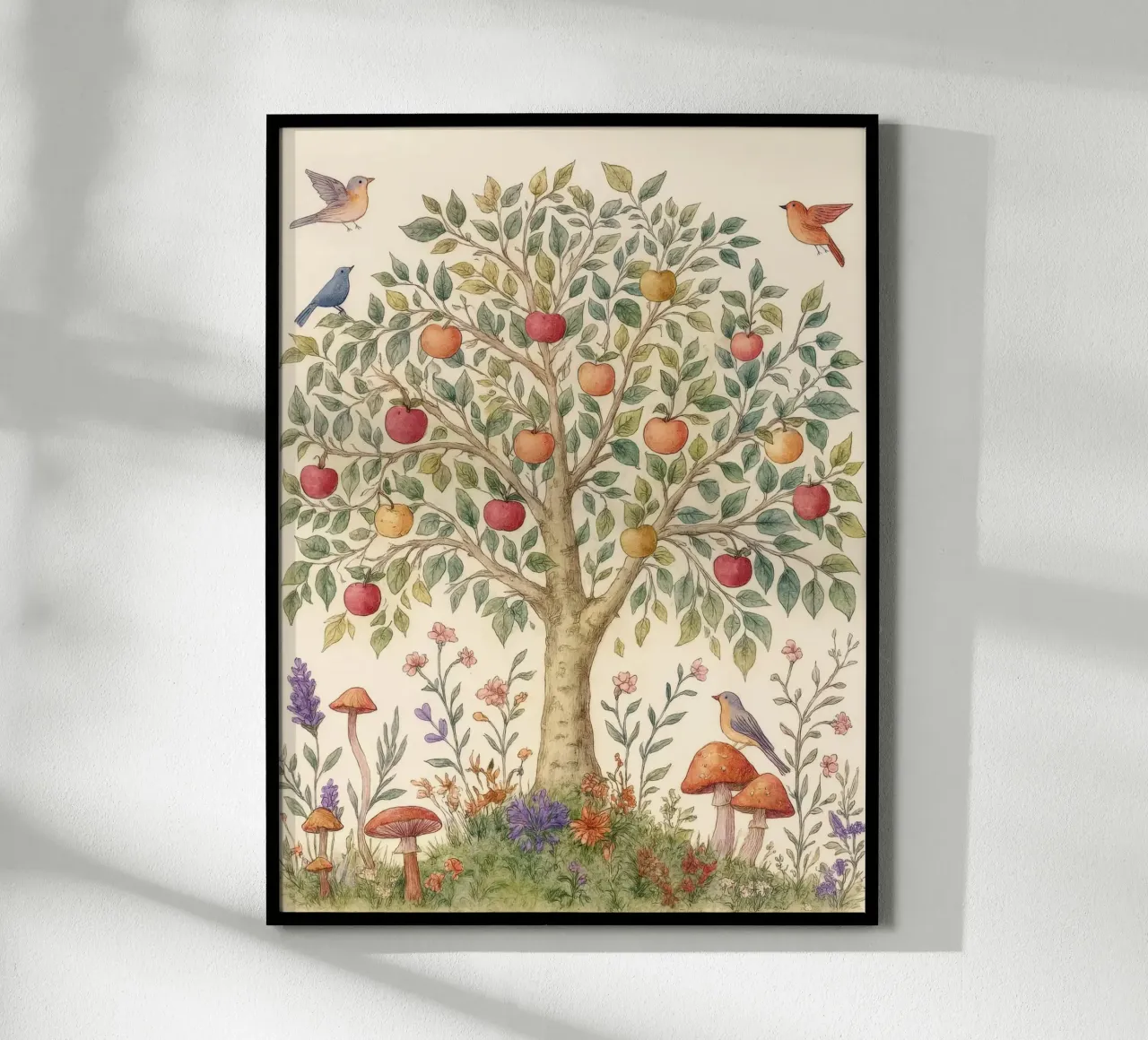 Albero di mele con uccelli e funghi Autunno botanico vintage poster con telaio in legno da Gentle Echoes Art