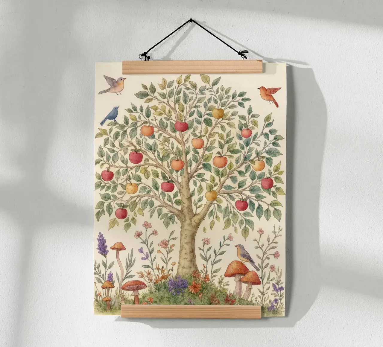 Albero di mele con uccelli e funghi Autunno botanico vintage poster con telaio in legno da Gentle Echoes Art