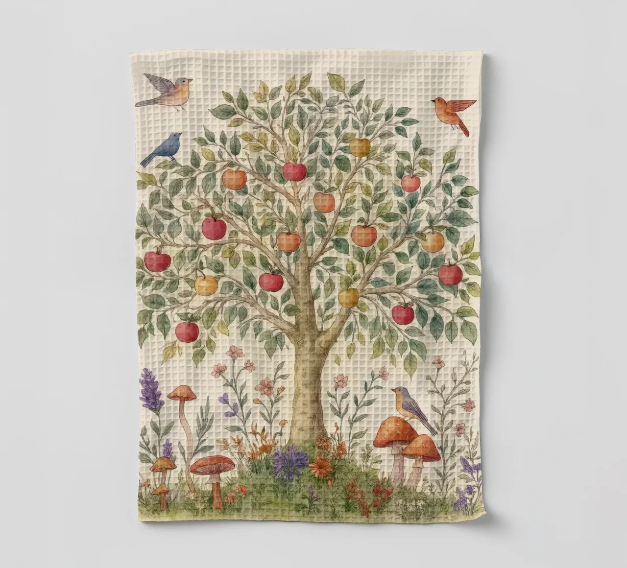 Albero di mele con uccelli e funghi Autunno botanico vintage canovaccio da cucina da Gentle Echoes Art
