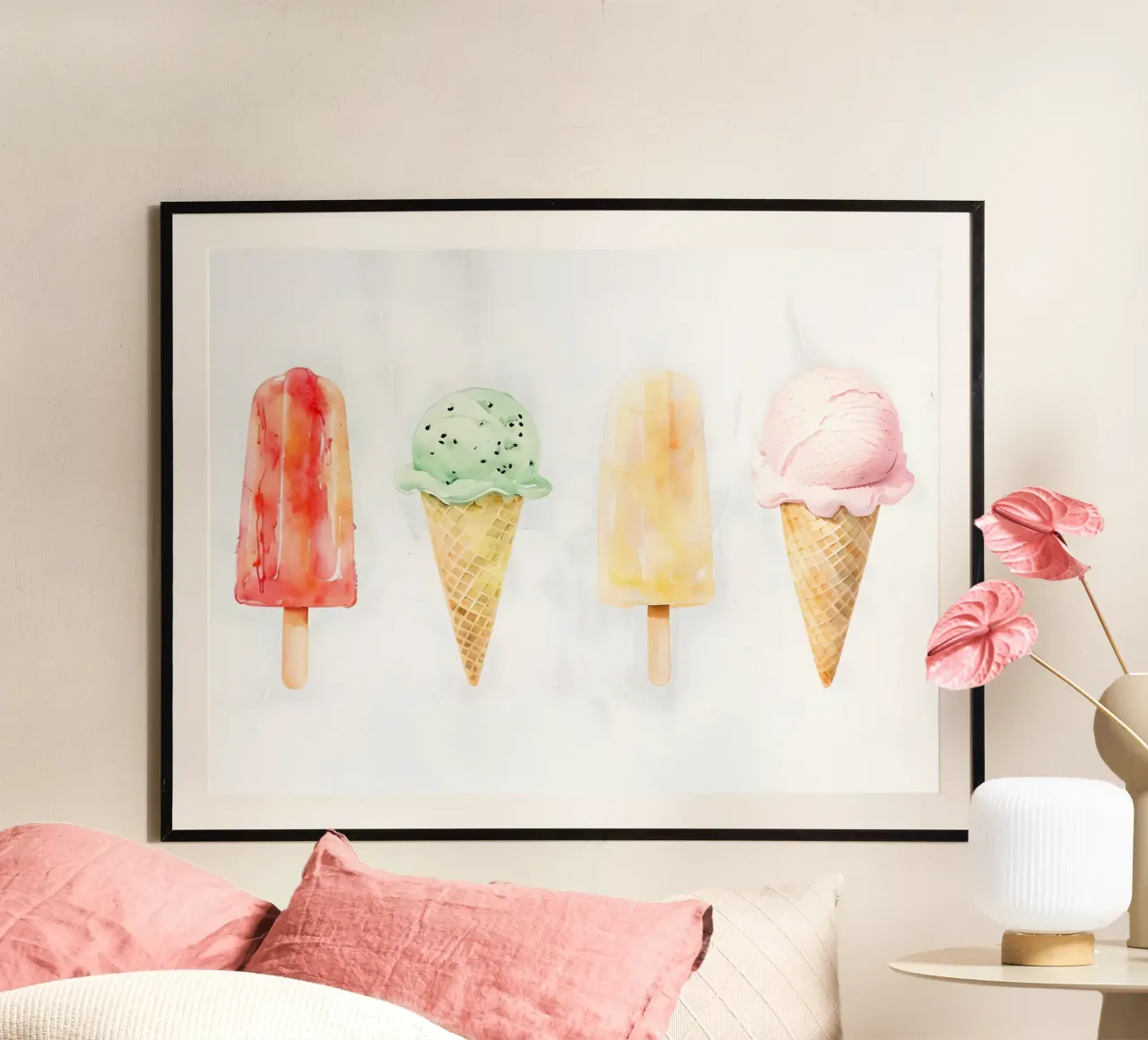 Gelato e ghiaccioli acquerellati poster con telaio in legno da 🐹 BABY ART PRINTS