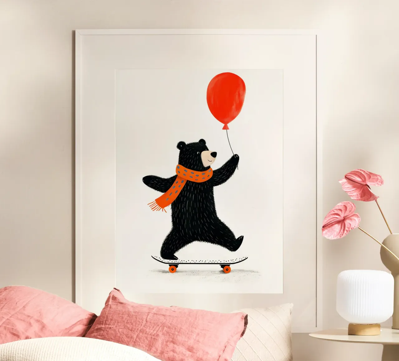 Orso su skateboard con palloncino poster con telaio in plastica da 🐹 BABY ART PRINTS
