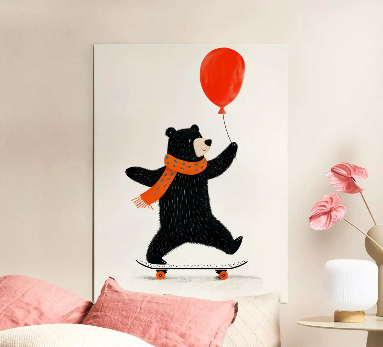 Orso su skateboard con palloncino poster con telaio in plastica da 🐹 BABY ART PRINTS