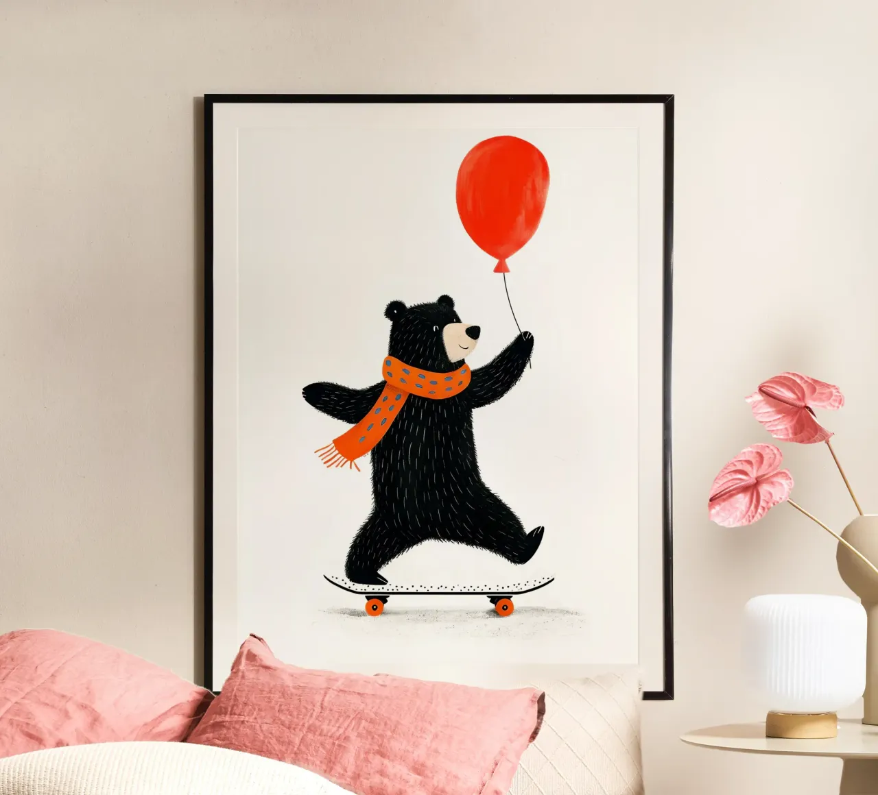 Orso su skateboard con palloncino poster con telaio in plastica da 🐹 BABY ART PRINTS