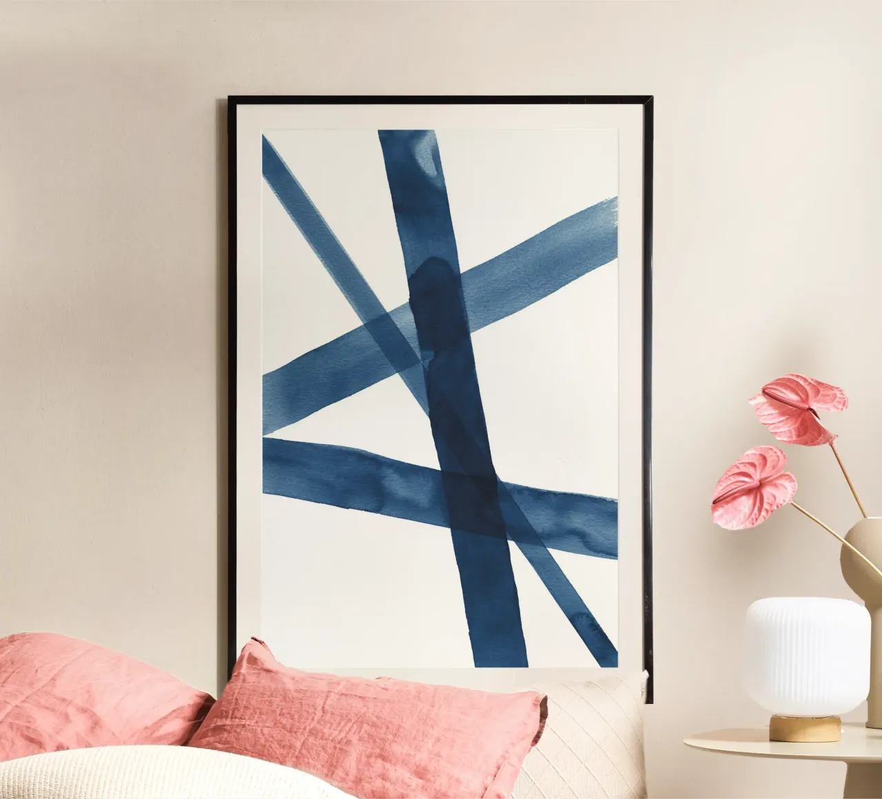 Linee acquerellate blu scuro 4 poster con telaio in alluminio da NouveauPrints