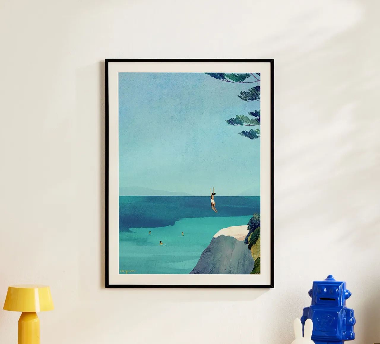 saltare dalla riva della scogliera poster con telaio in legno da unyil shope