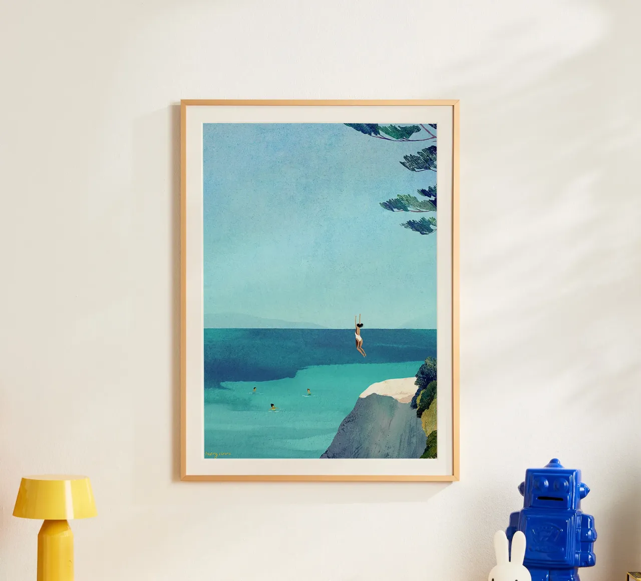 saltare dalla riva della scogliera poster con telaio in legno da unyil shope