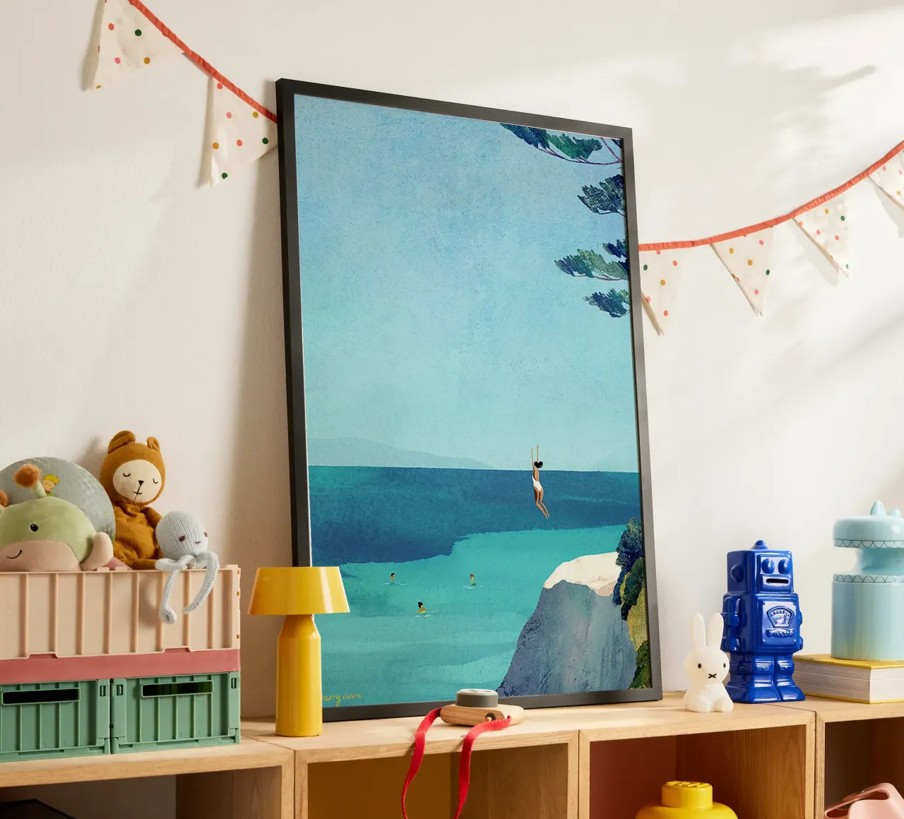 saltare dalla riva della scogliera poster con telaio in legno da unyil shope