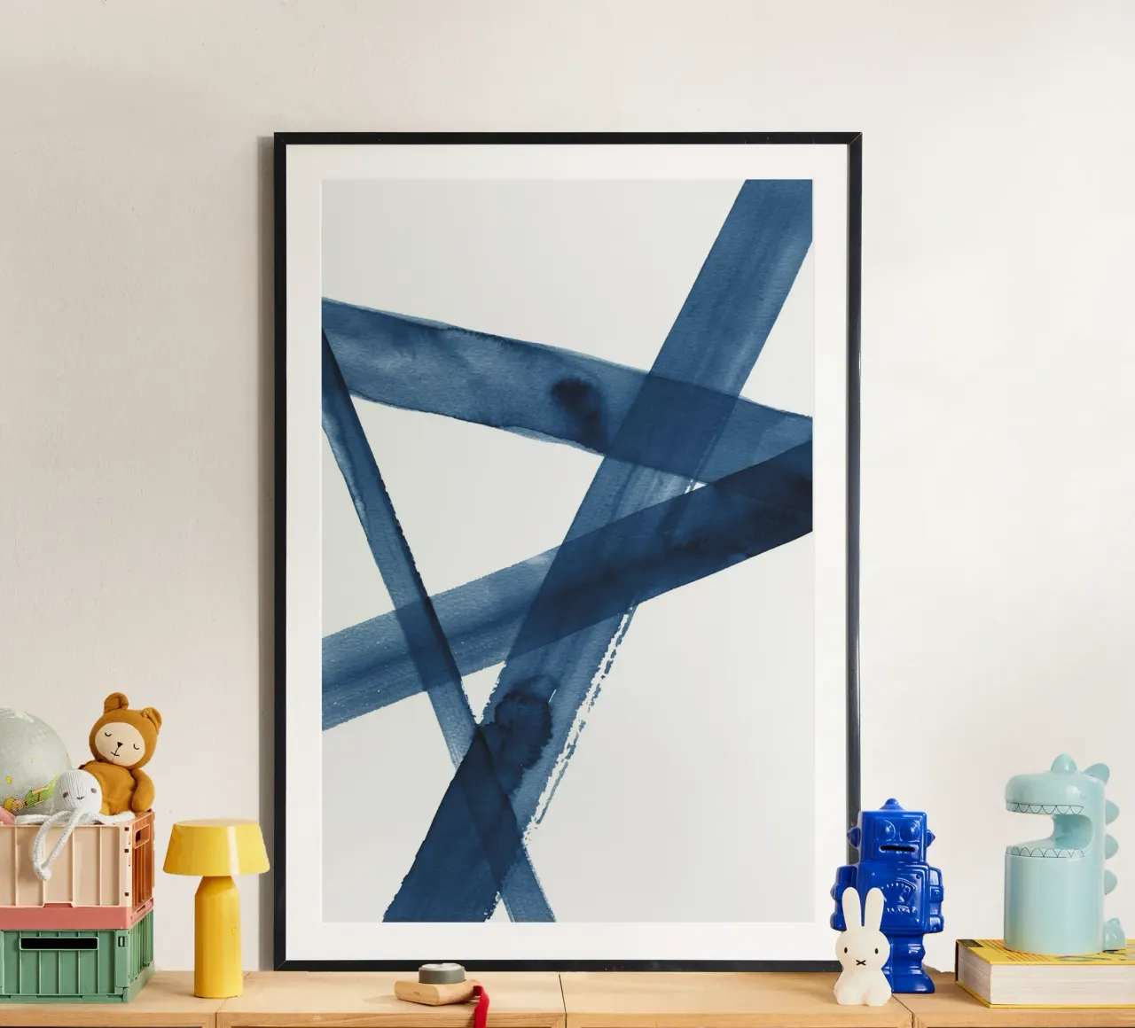 Linee acquerellate blu scuro 5 poster con telaio in alluminio da NouveauPrints