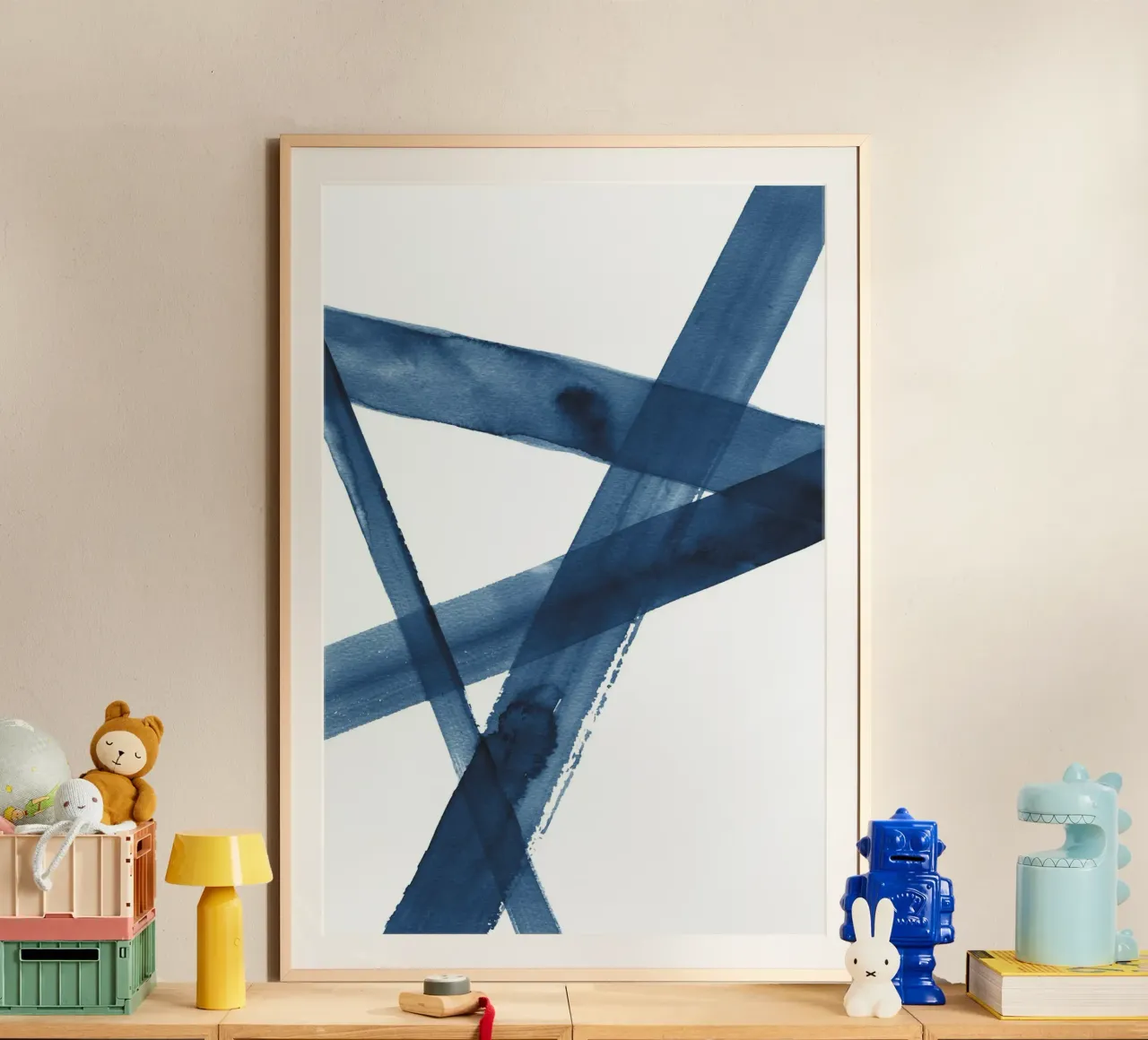 Linee acquerellate blu scuro 5 poster con telaio in alluminio da NouveauPrints