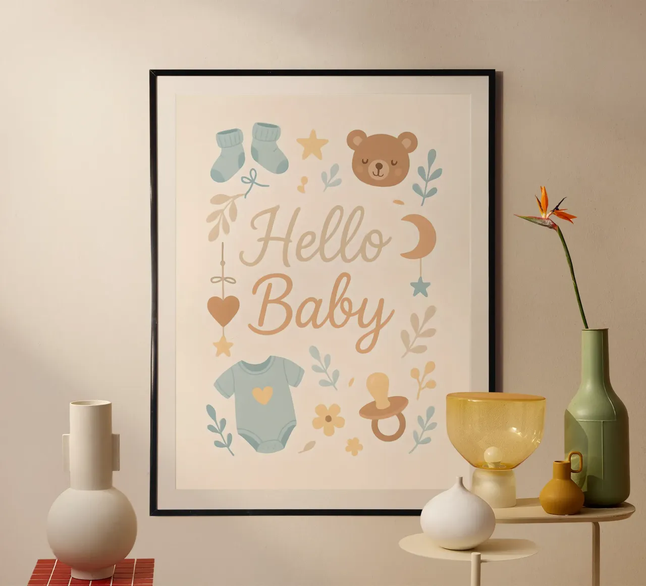 Illustrazione di Hello Baby poster con telaio in plastica da 🐹 BABY ART PRINTS