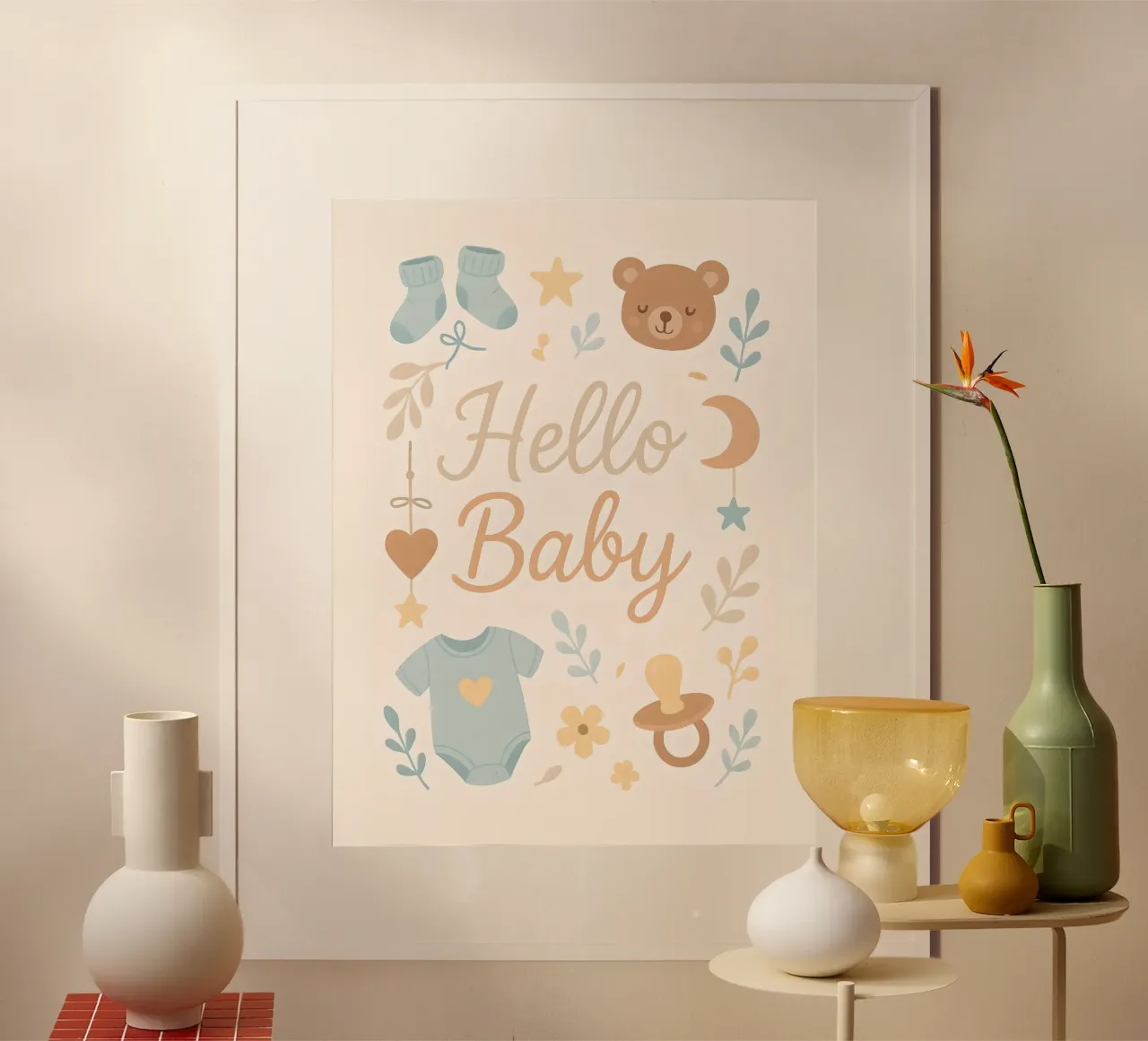 Illustrazione di Hello Baby poster con telaio in plastica da 🐹 BABY ART PRINTS