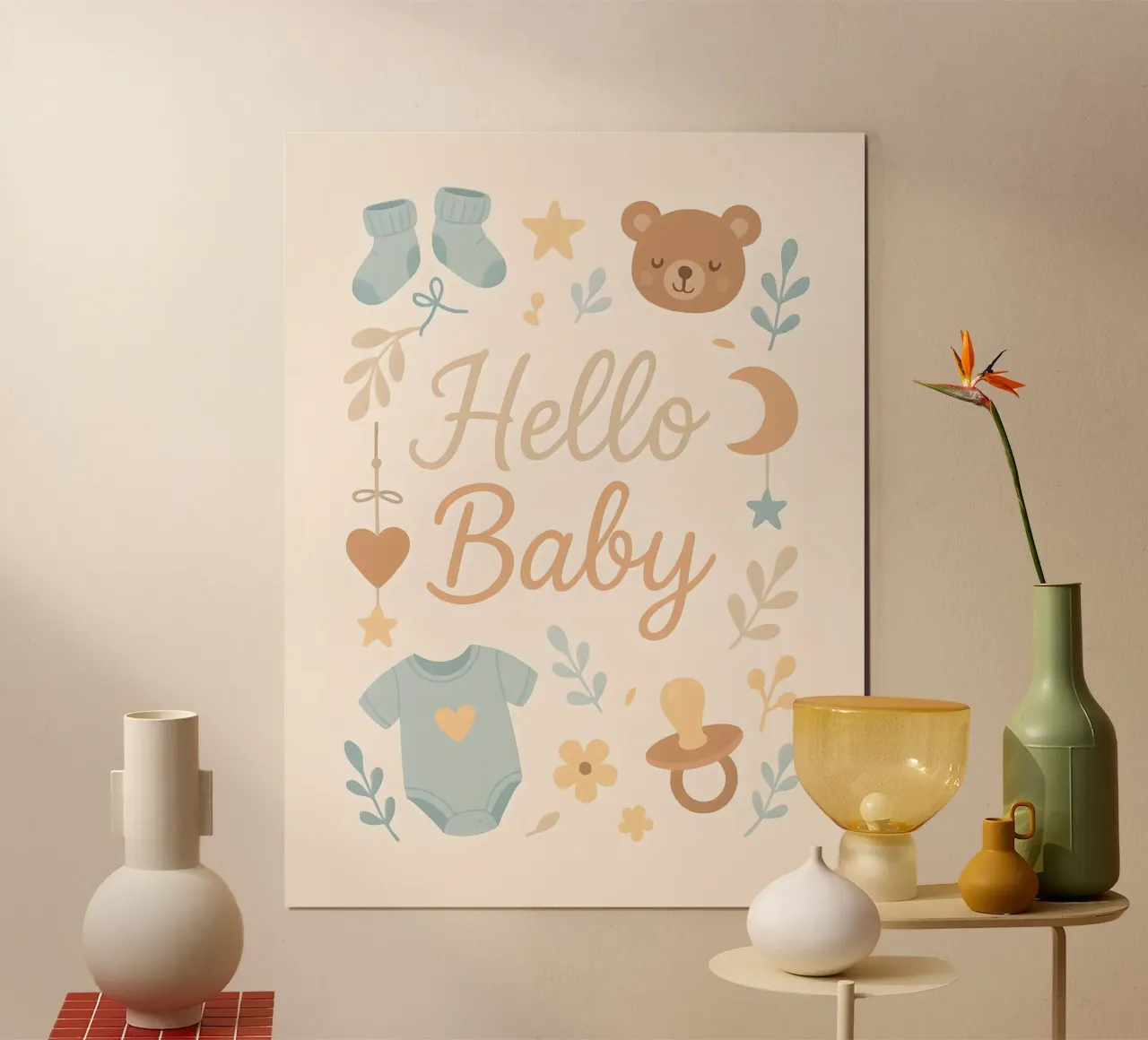 Illustrazione di Hello Baby poster con telaio in plastica da 🐹 BABY ART PRINTS