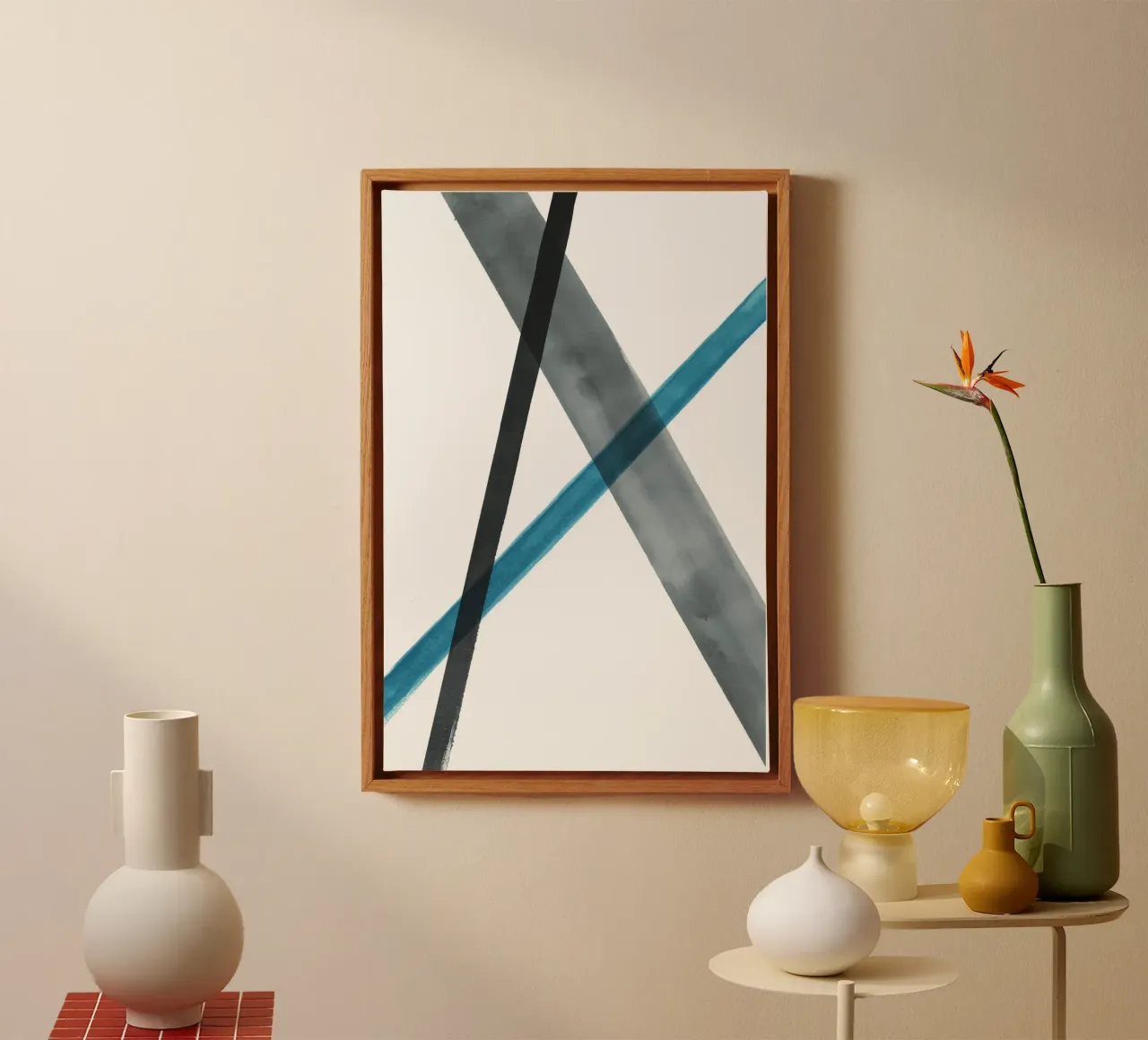 Linee acquerellate in toni freddi 1 tela con Cornice a cassetta da NouveauPrints