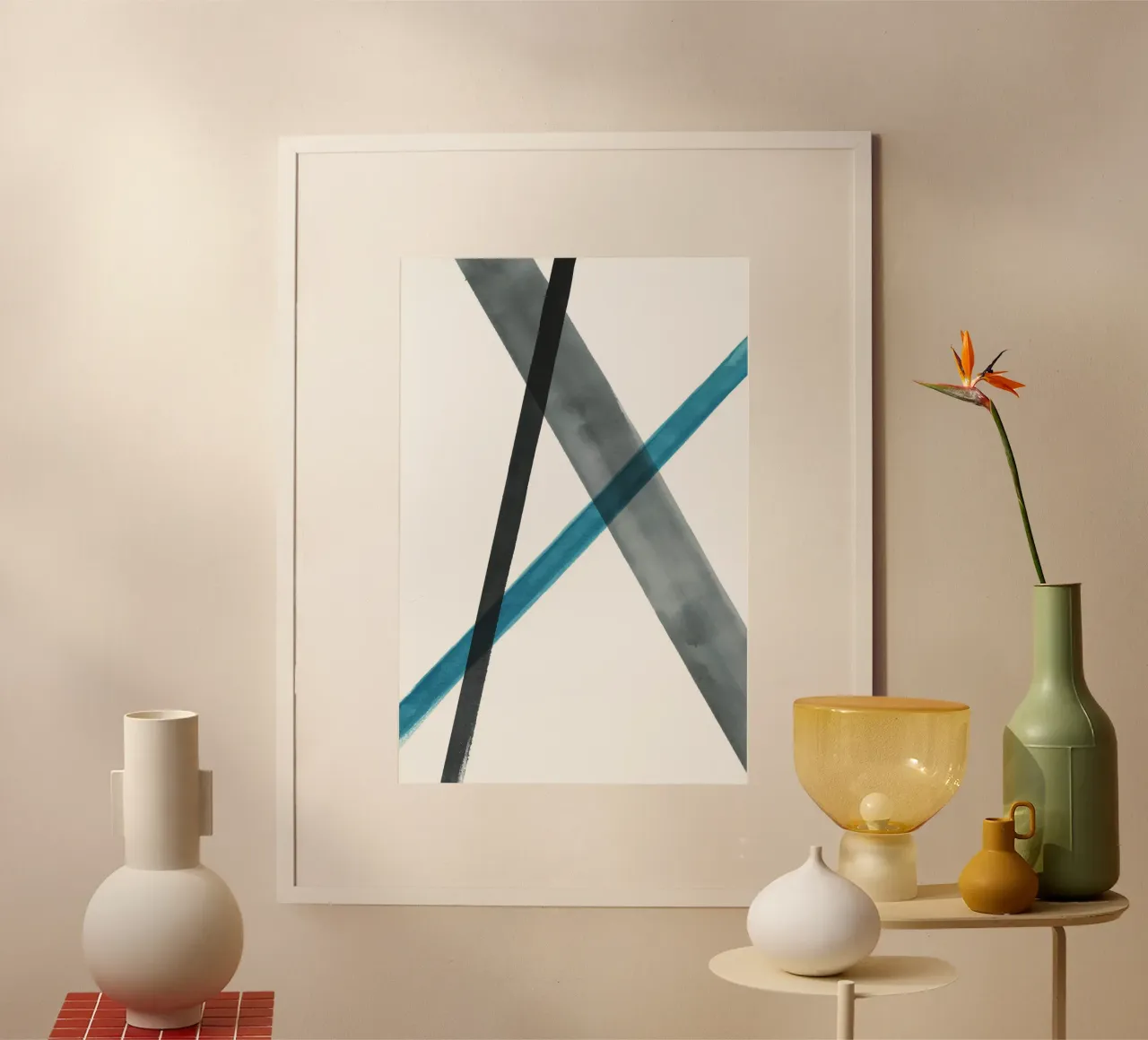 Linee acquerellate in toni freddi 1 poster con telaio in alluminio da NouveauPrints