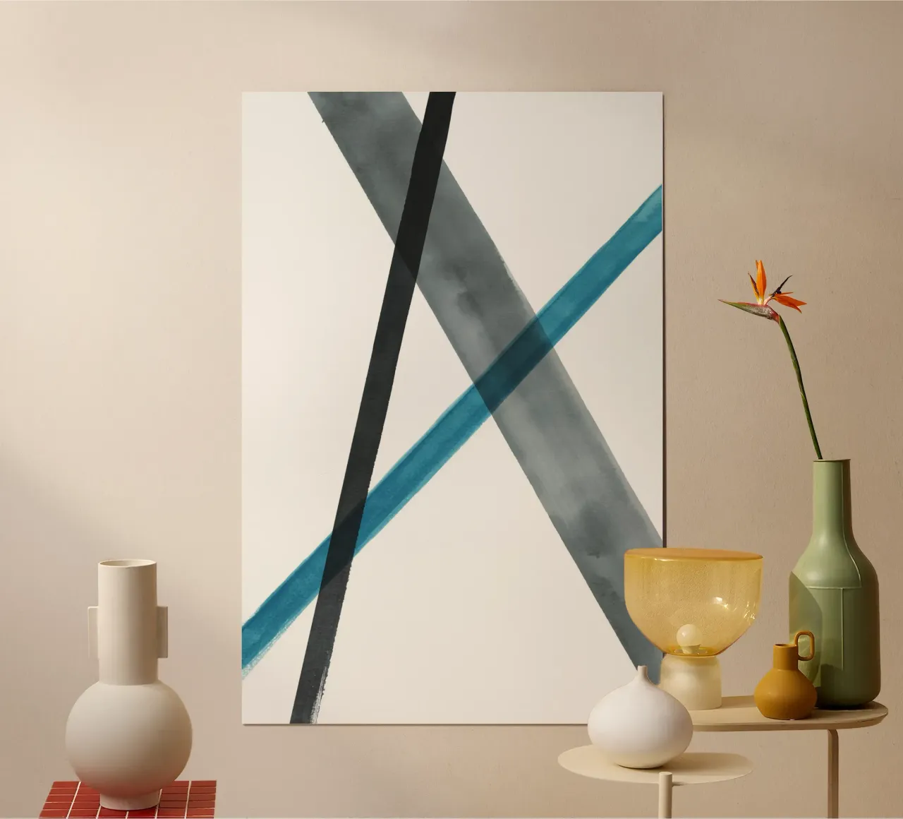Linee acquerellate in toni freddi 1 poster con telaio in alluminio da NouveauPrints
